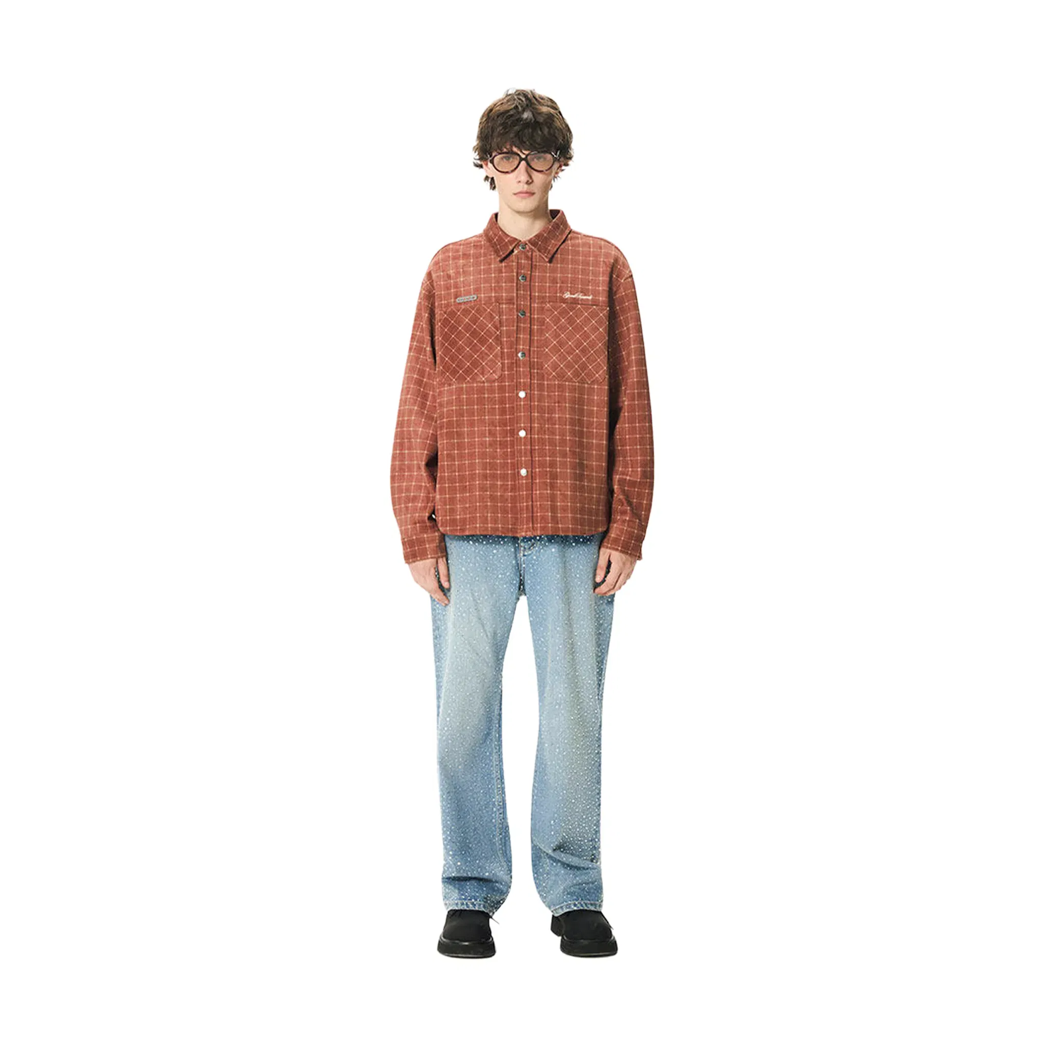 GOODBRAND Suede Beaded Shirt Reddish Brown Plaid (FW25)