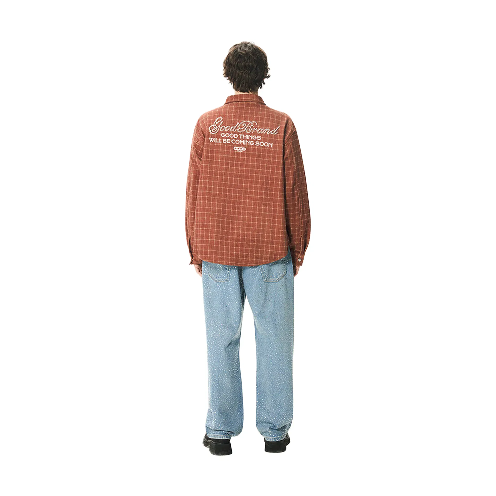 GOODBRAND Suede Beaded Shirt Reddish Brown Plaid (FW25)