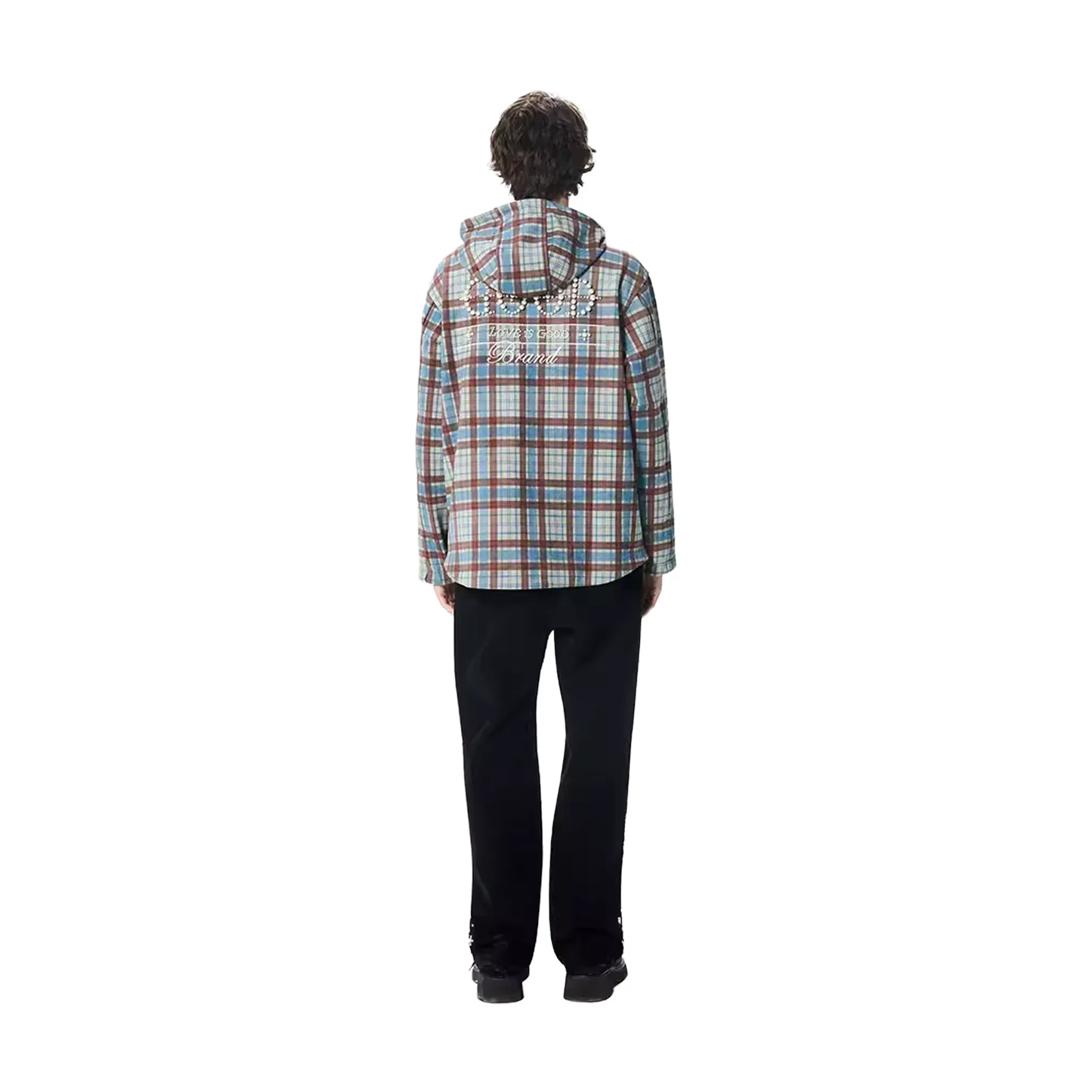 GOODBRAND Suede Beaded Hood Shirt Blue Gray Plaid (FW25)