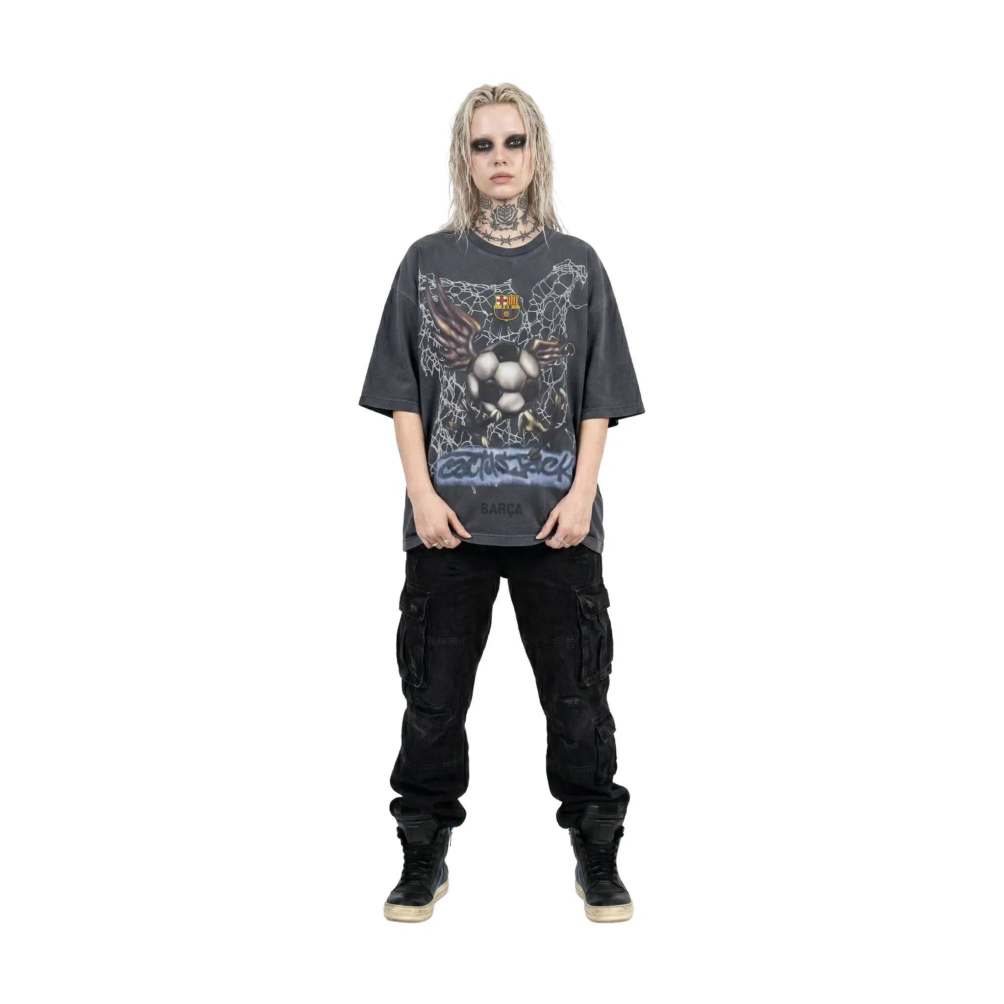 Travis Scott Cactus Jack x Futbol Club Barcelona Washed Spray Logo Tee Grey (SS25)