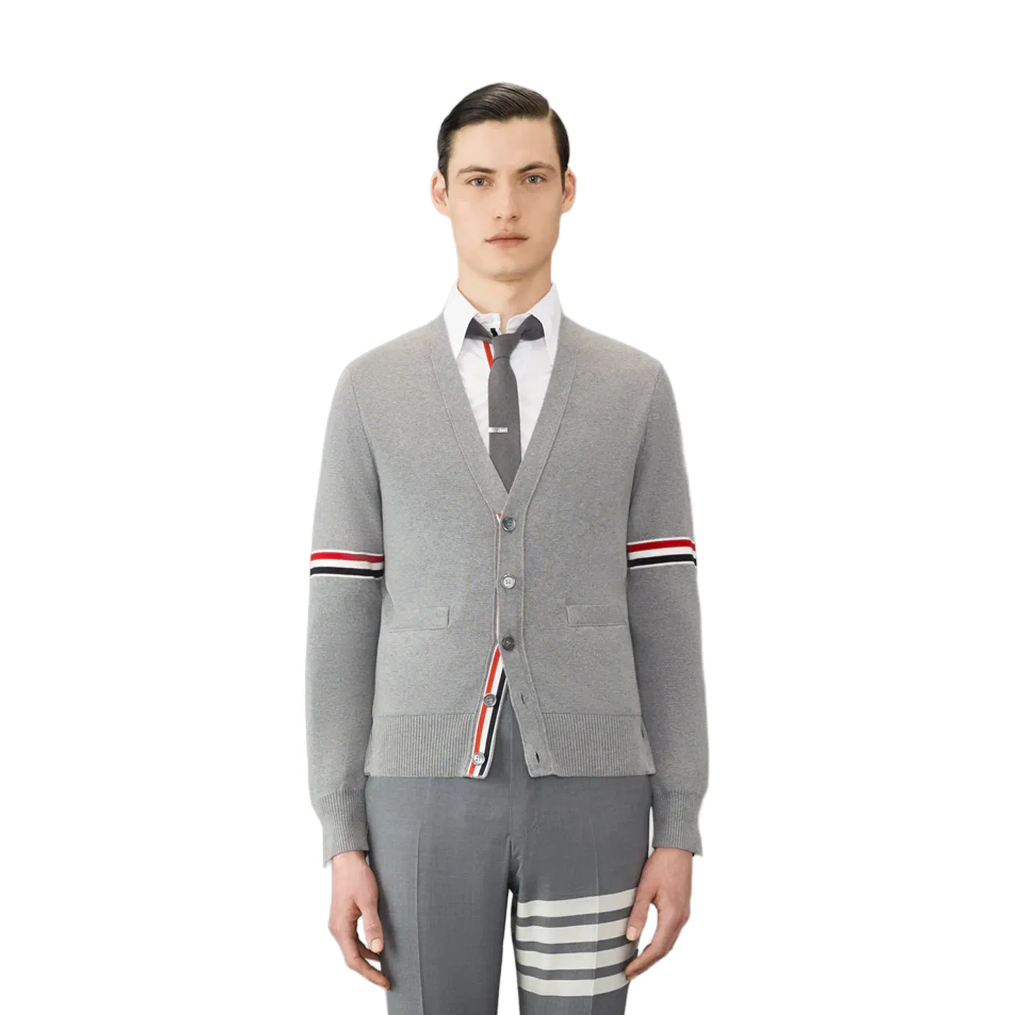 THOM BROWNE Cotton Milano Stitch V-Neck Cardigan Light Grey (FW23)