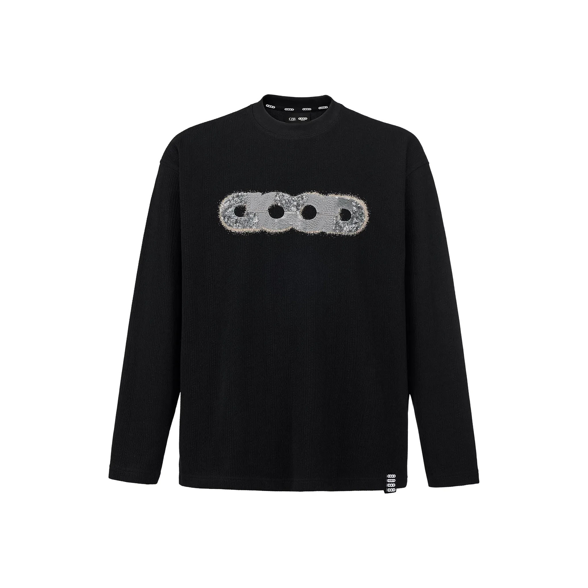 GOODBRAND Splicing Sequin Printed Logo Long Sleeved Tee Black (FW25)