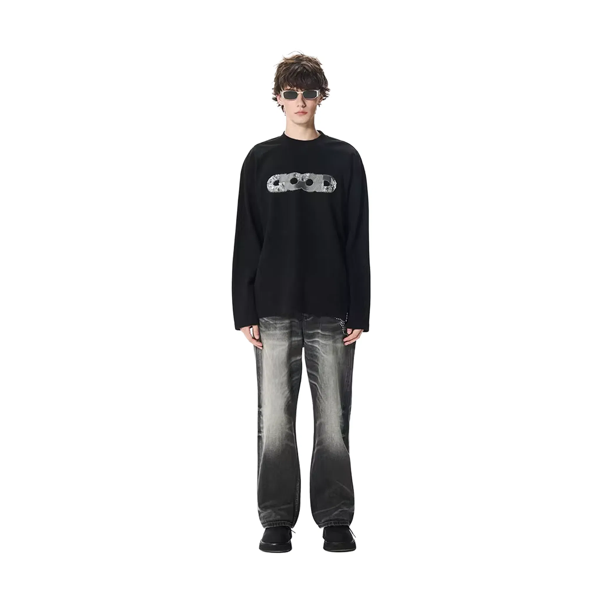 GOODBRAND Splicing Sequin Printed Logo Long Sleeved Tee Black (FW25)