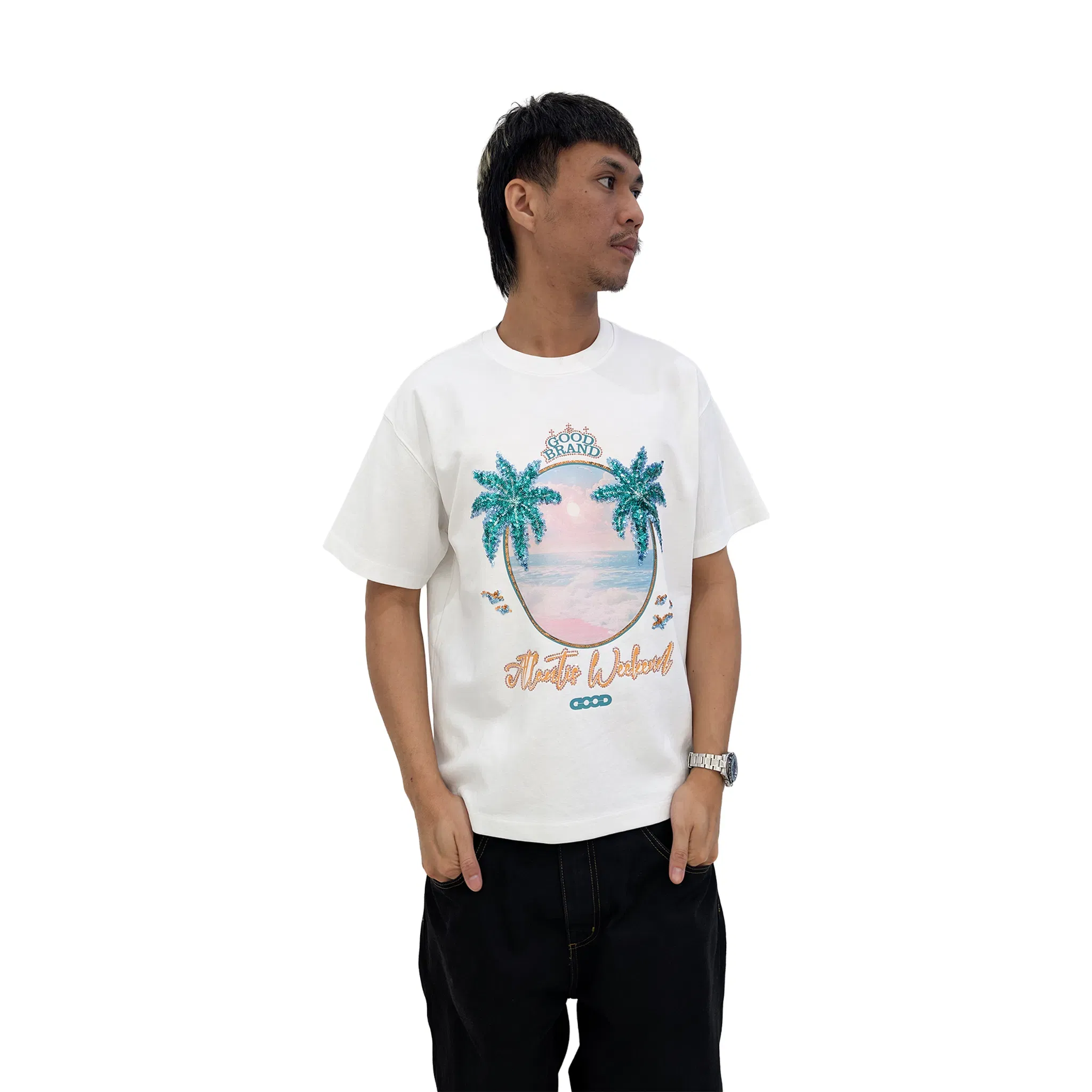 GOODBRAND Island Coconut Forest Sequin Embroidered Tee White (SS25)