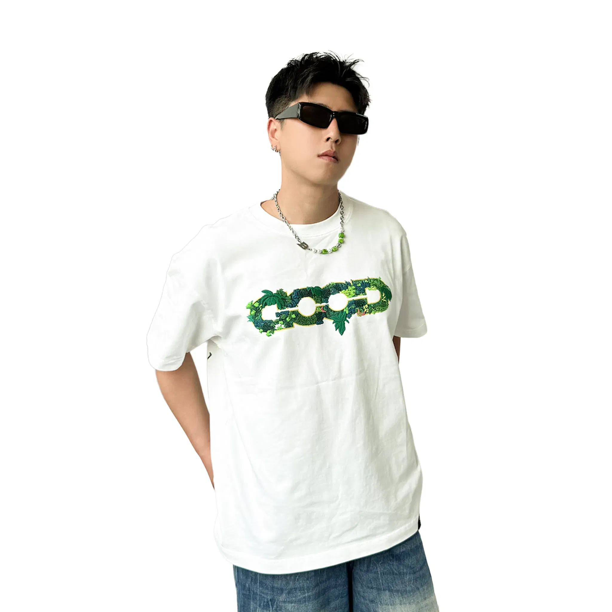 GOODBRAND 3D Green Plant Embroidered Map Logo Tee White (SS25)