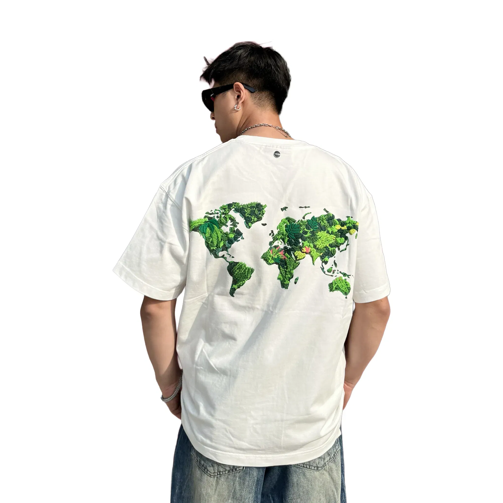 GOODBRAND 3D Green Plant Embroidered Map Logo Tee White (SS25)