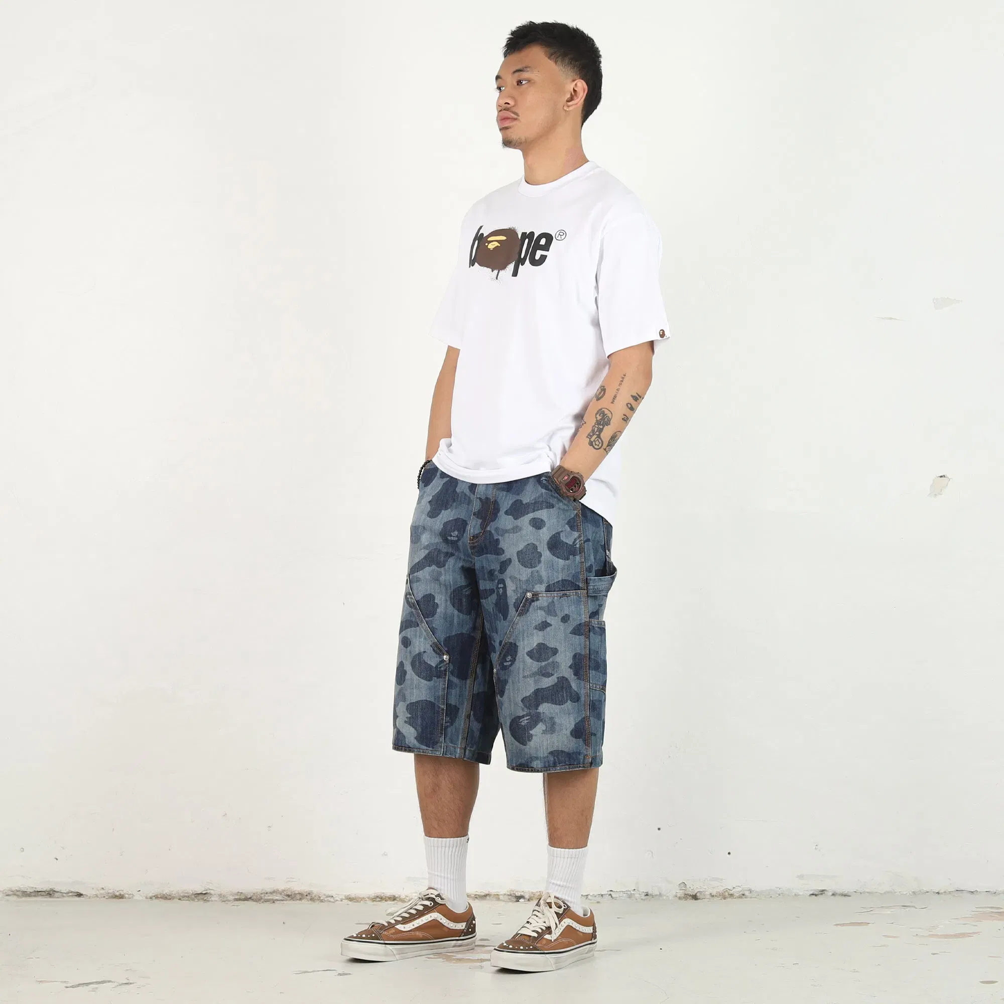 BAPE 1st Camo Double Knee Relaxed Denim Shorts - Indigo