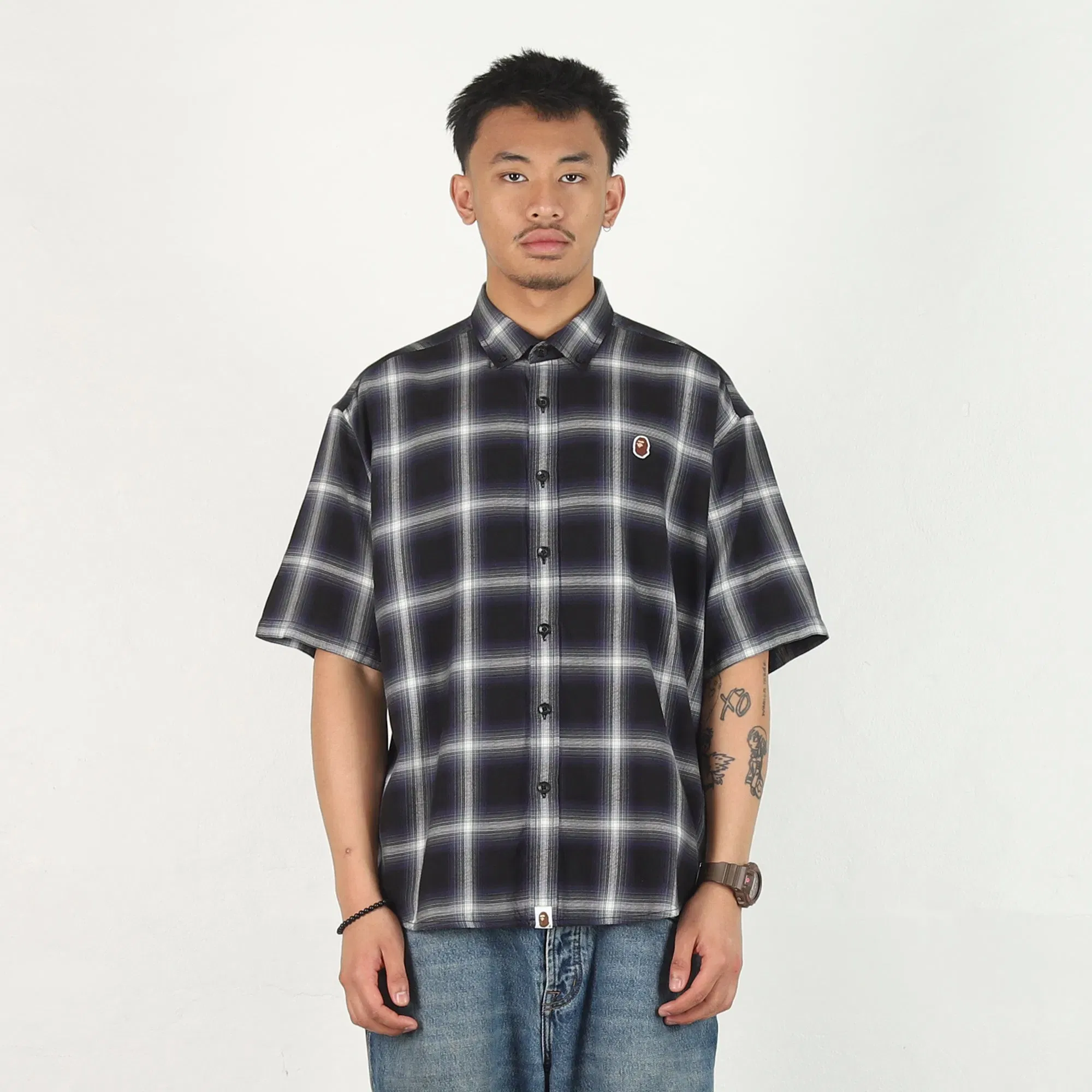 BAPE One Point Ombre Check Flannel SS Shirt - Black