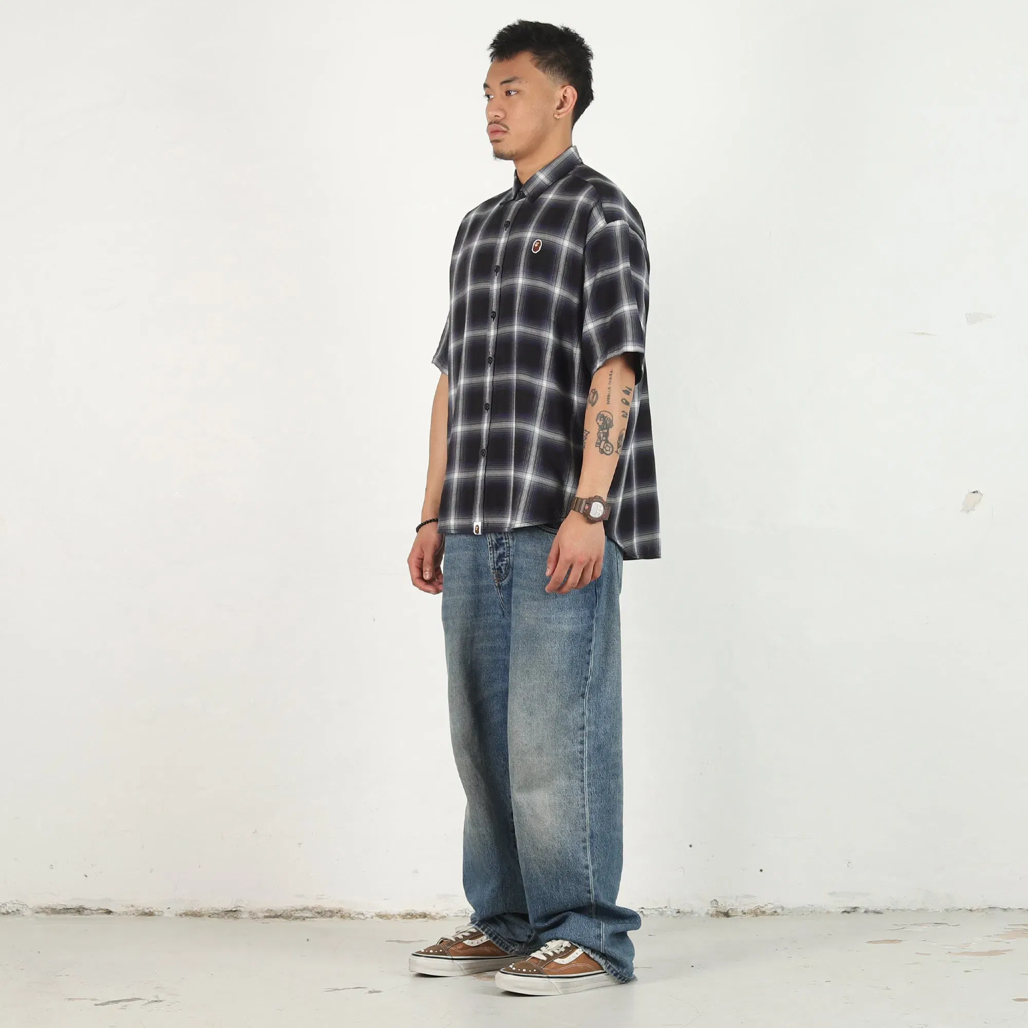 BAPE One Point Ombre Check Flannel SS Shirt - Black