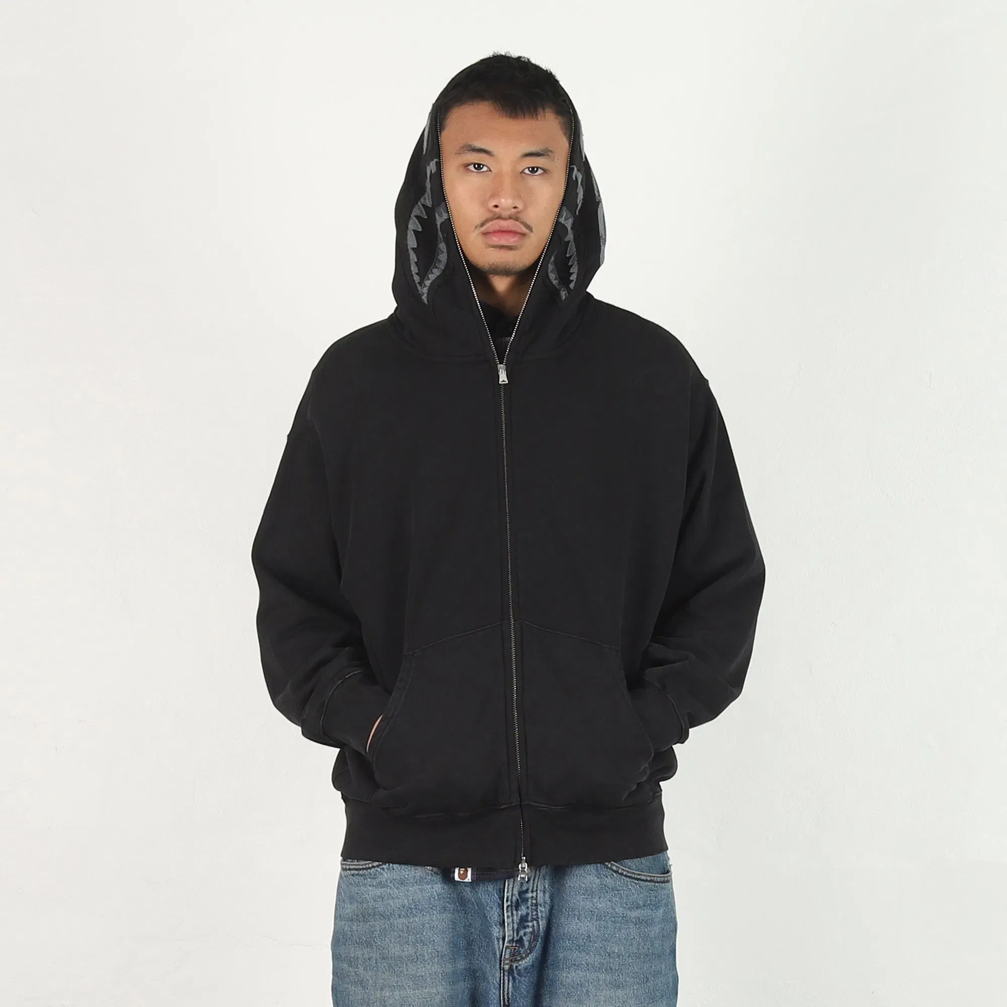 BAPE Garment Dye Shark Full Zip Hoodie - Black