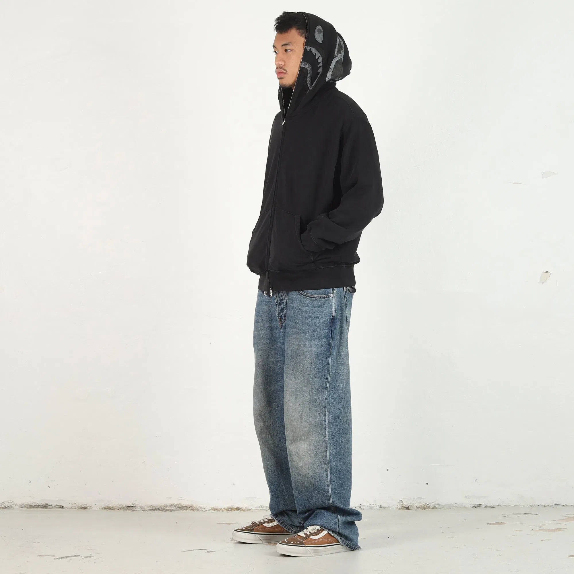 BAPE Garment Dye Shark Full Zip Hoodie - Black