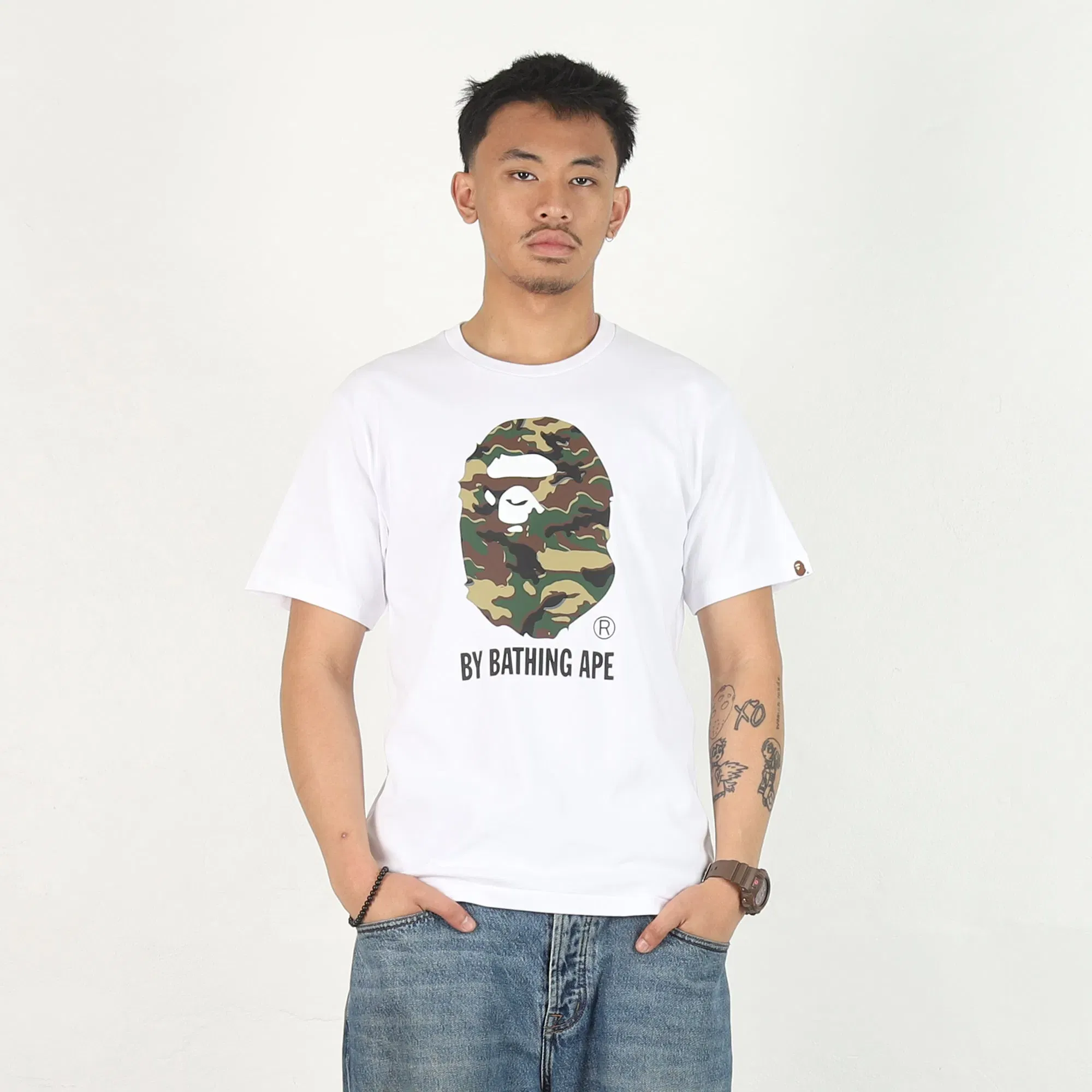 BAPE Glitch Woodland Camo Ape T-Shirt - White