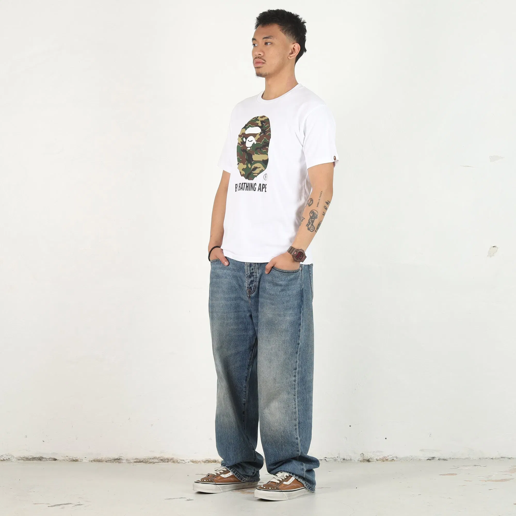BAPE Glitch Woodland Camo Ape T-Shirt - White