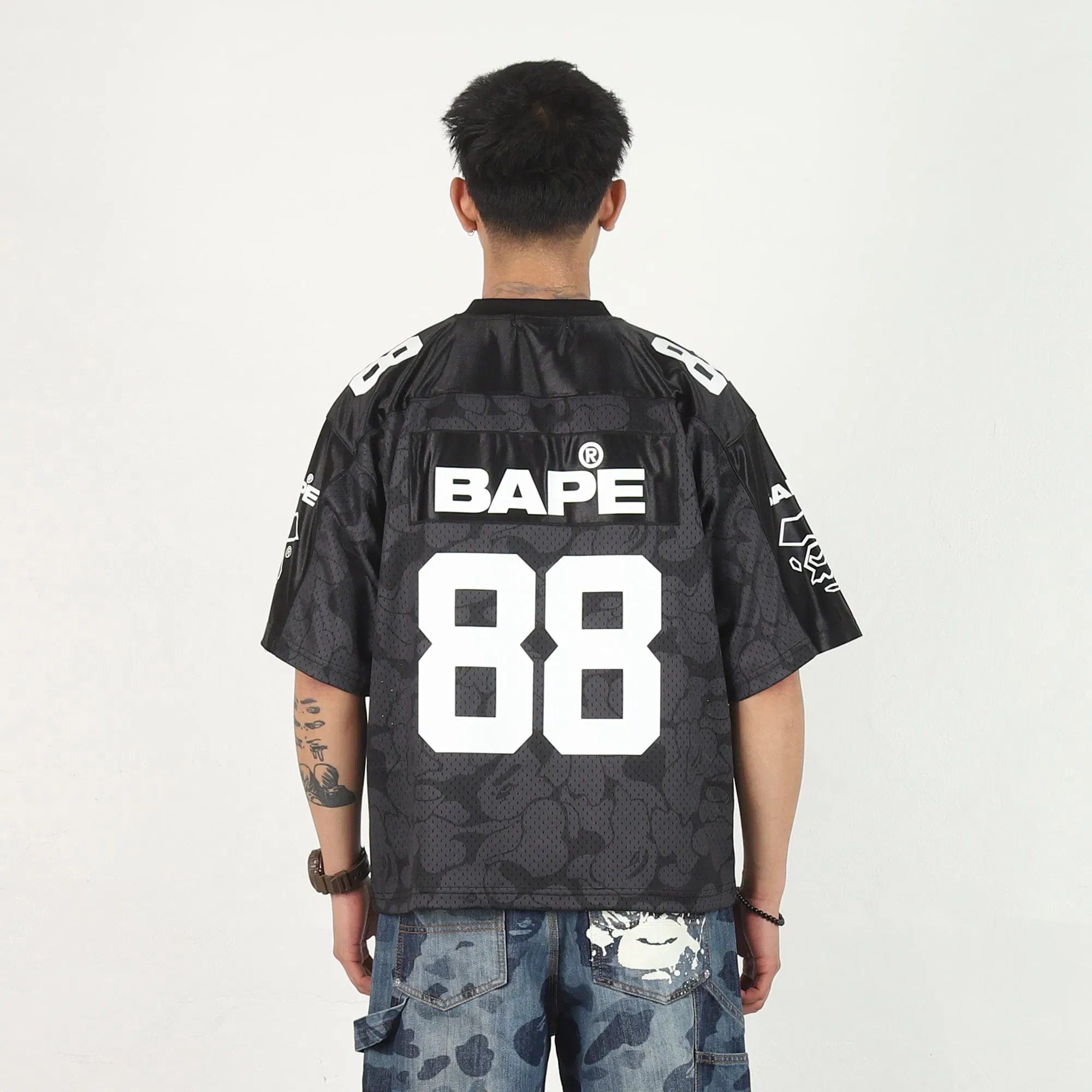 BAPE Solid Camo Logo Football Jersey T-Shirt - Black