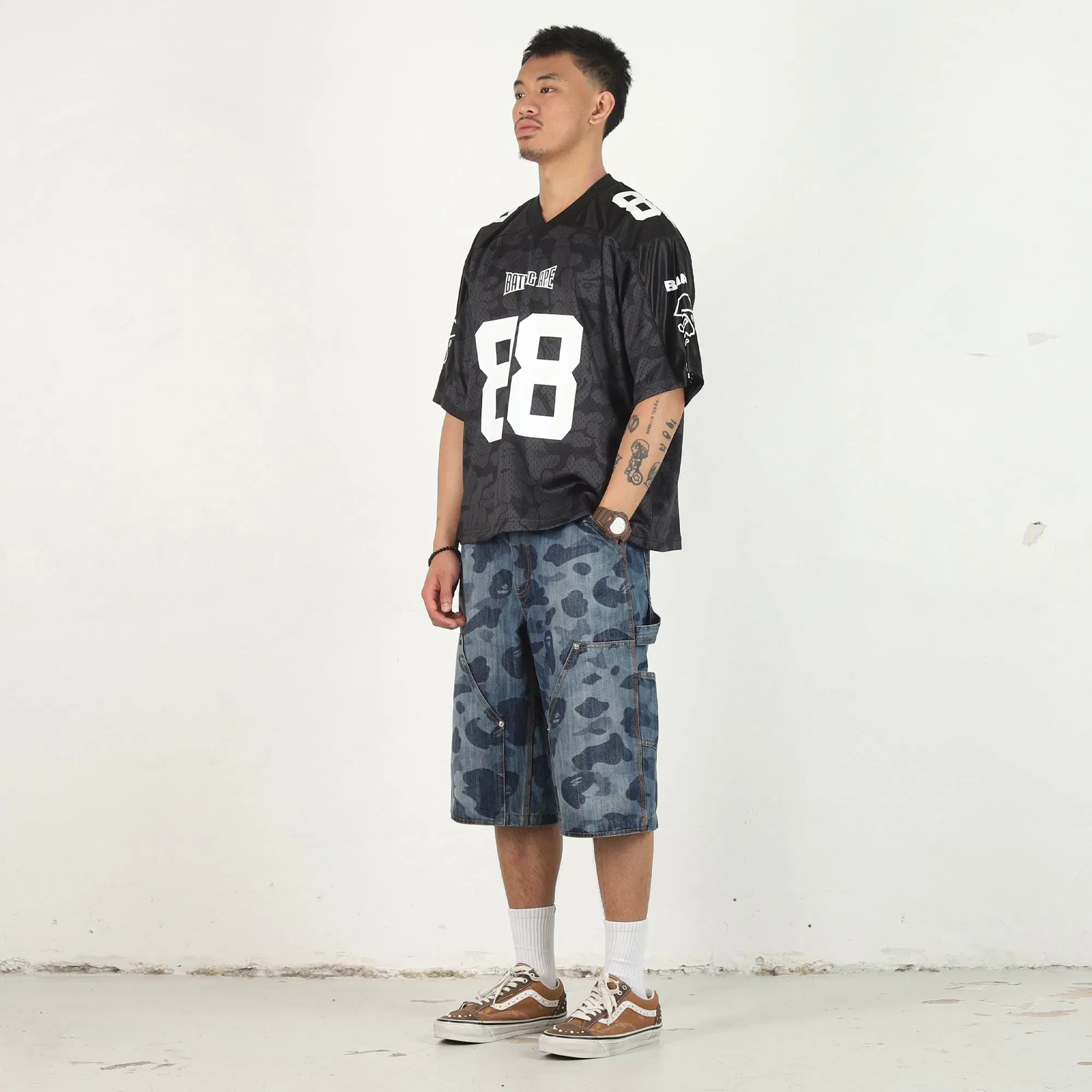 BAPE Solid Camo Logo Football Jersey T-Shirt - Black