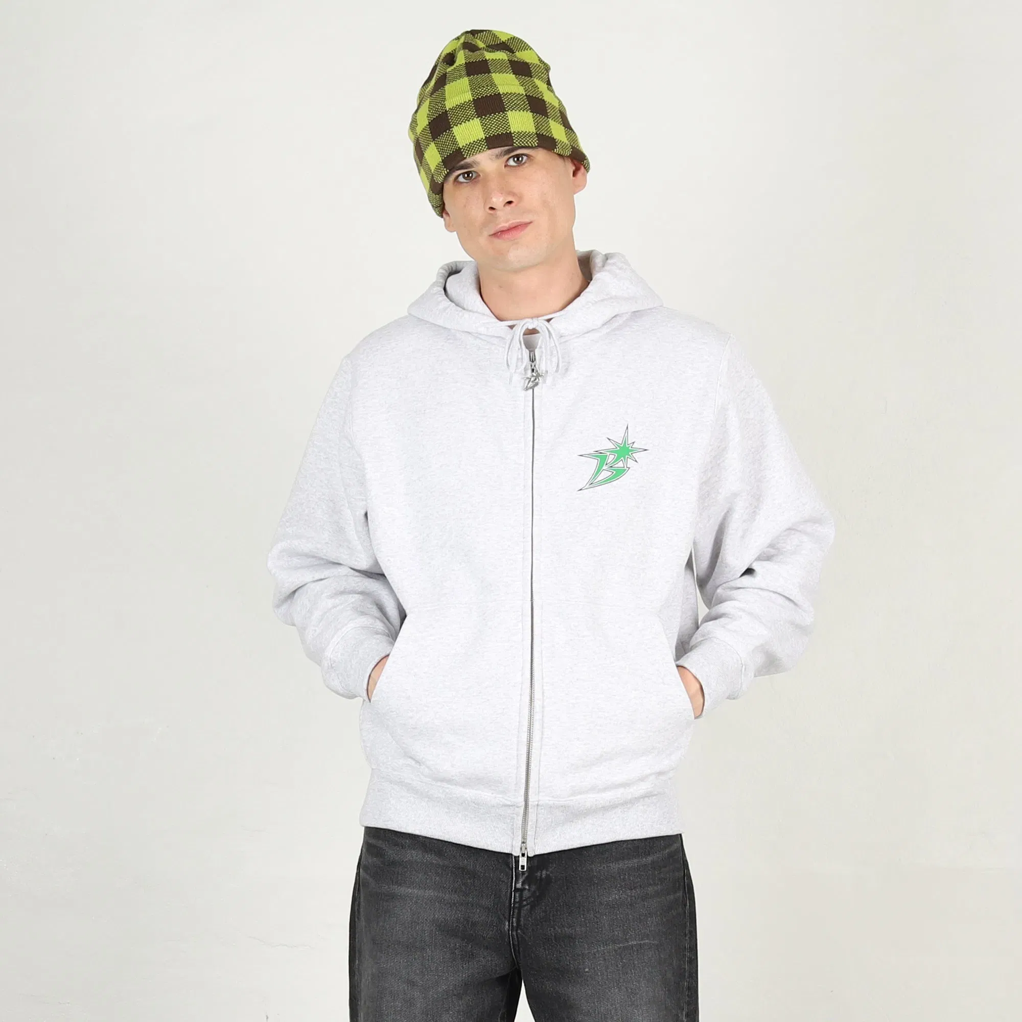 Bott B Logo Zip Hoodie - Ash/Green