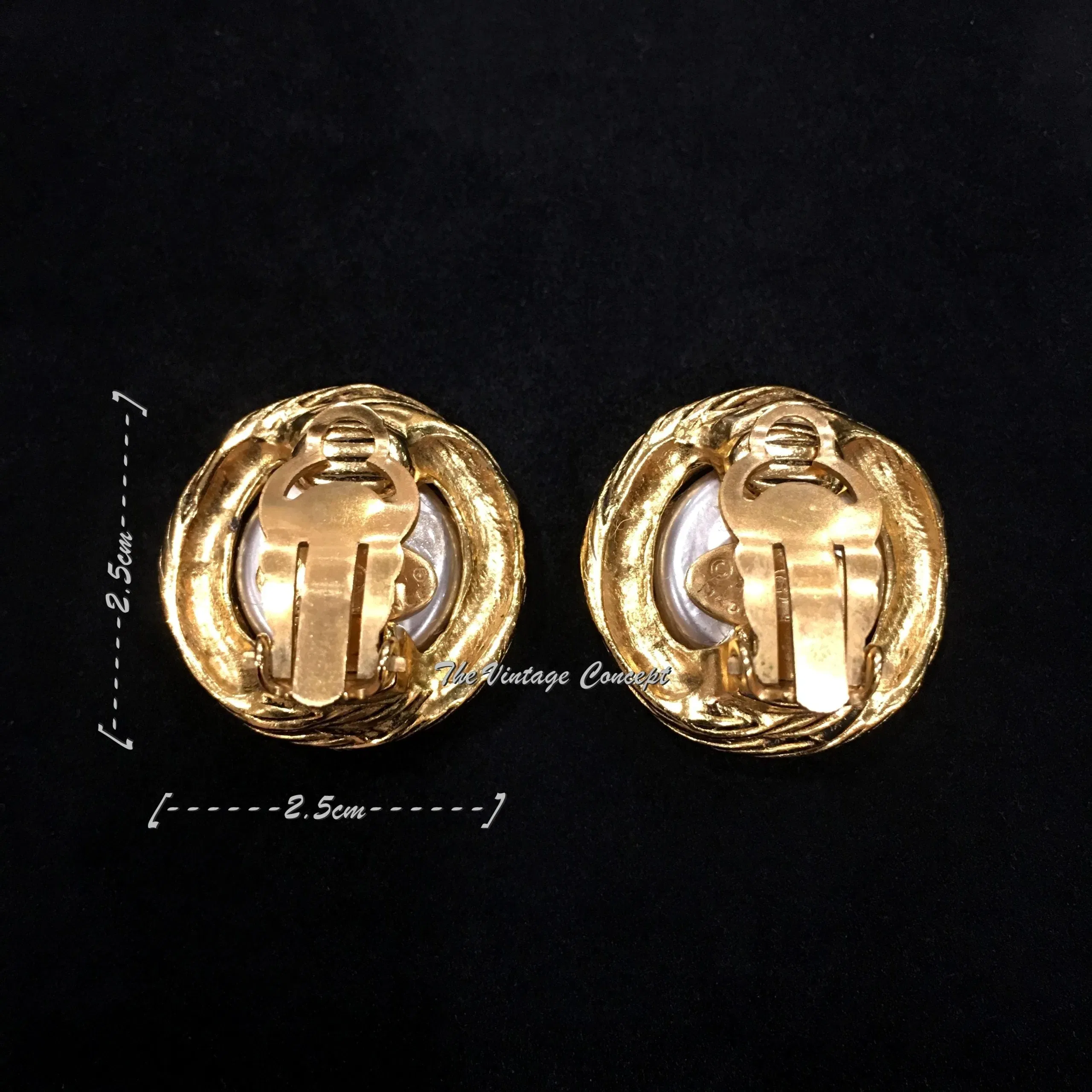 Chanel Gold Tone Faux Pearl w/ Logo Clip Earrings 94A