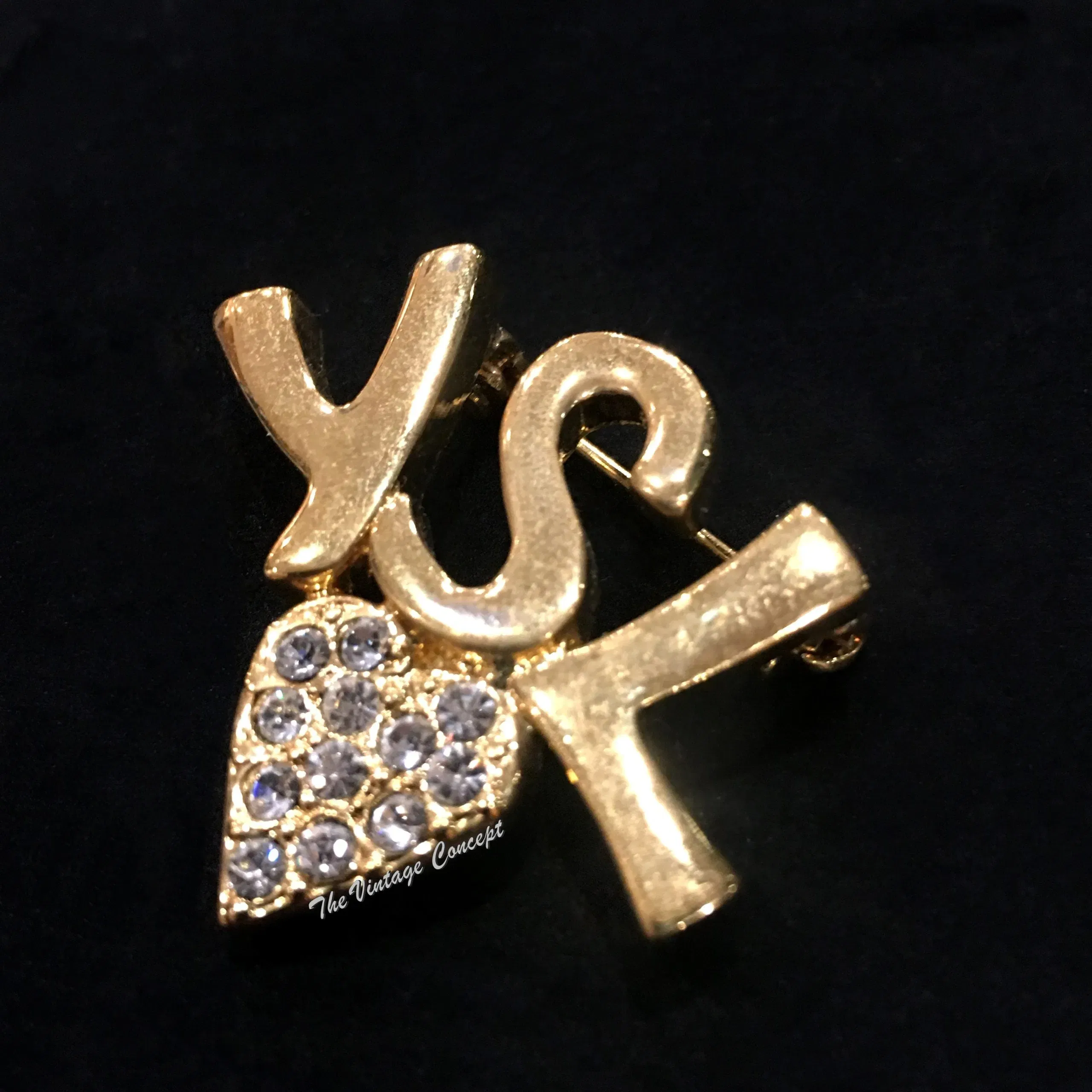 Vintage Concept HK YSL Gold Tone Brooch w/ Heart Shape Rhinestone
