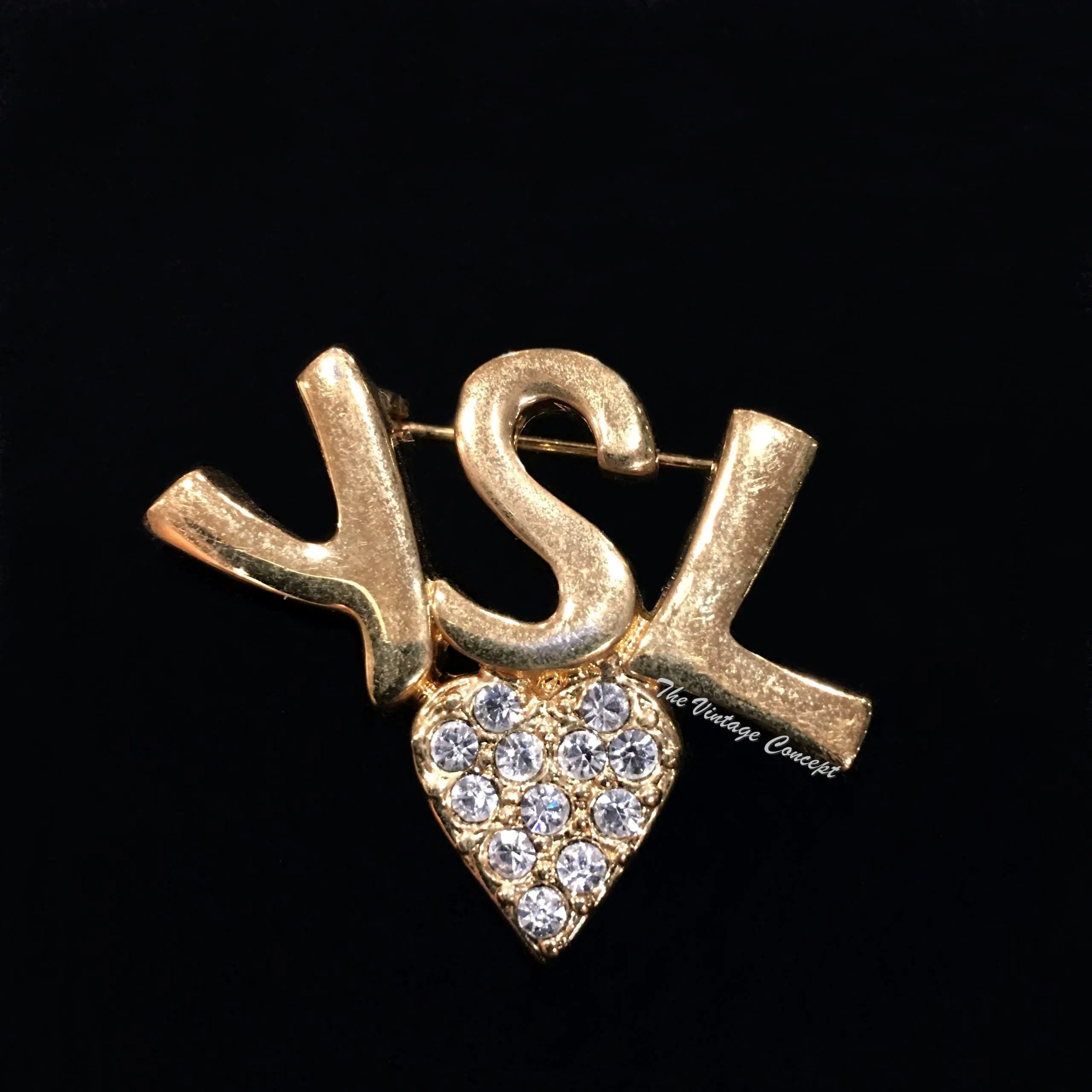 Vintage Concept HK YSL Gold Tone Brooch w/ Heart Shape Rhinestone