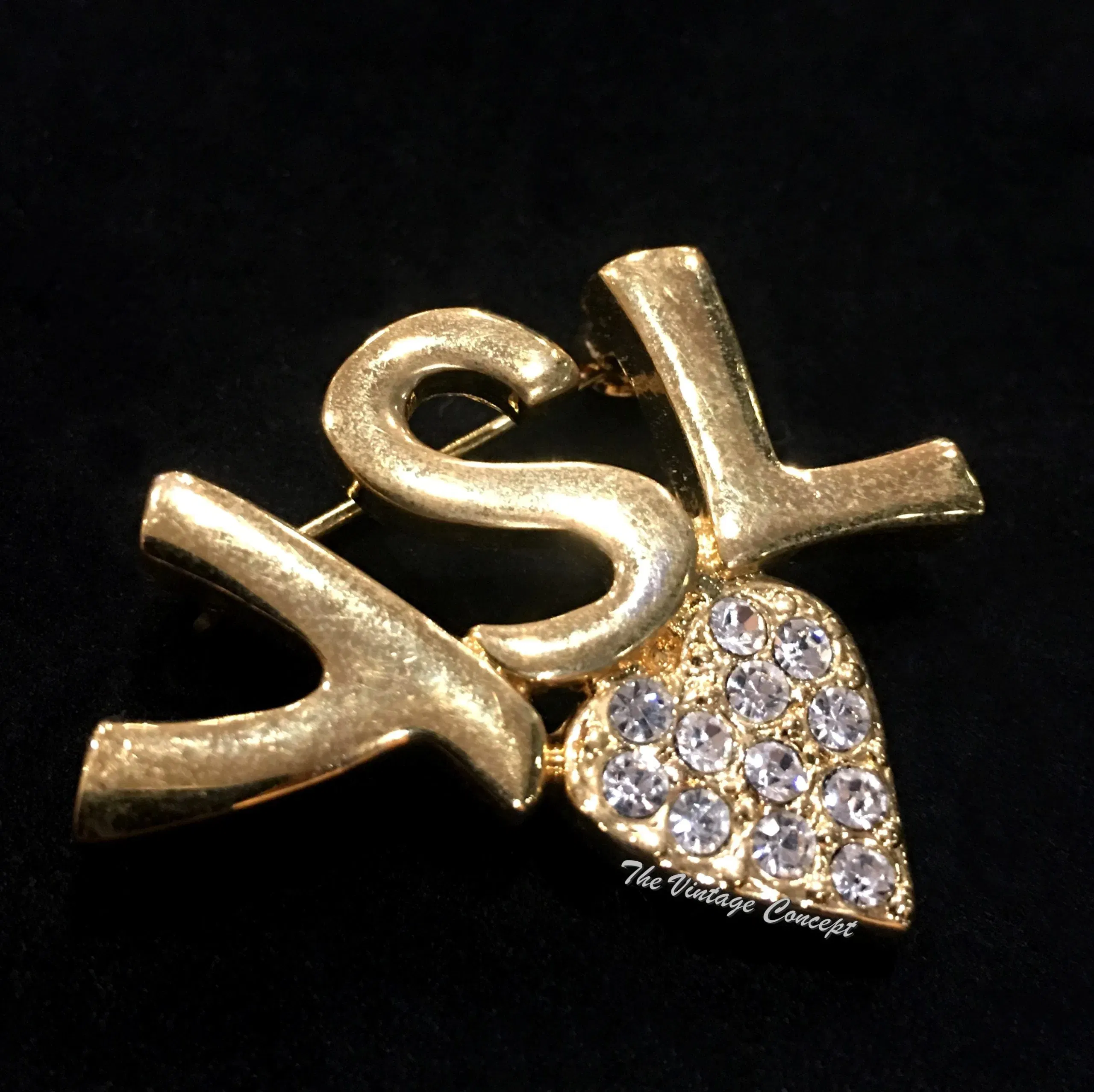 Vintage Concept HK YSL Gold Tone Brooch w/ Heart Shape Rhinestone