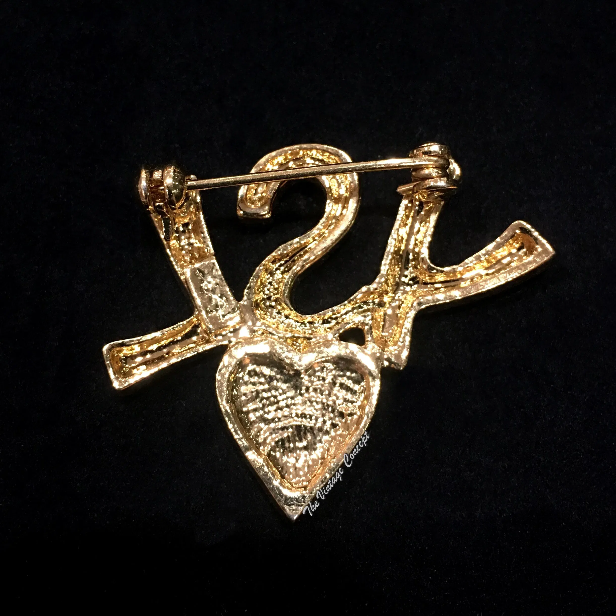 Vintage Concept HK YSL Gold Tone Brooch w/ Heart Shape Rhinestone