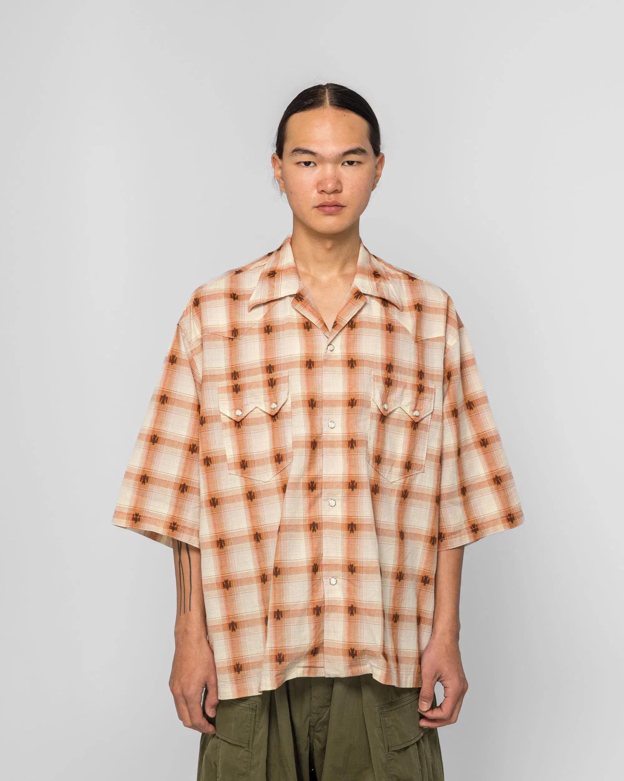KAPITAL THUNDERBIRD Shadow-Check Camp Collar Western BIG Shirt - Orange