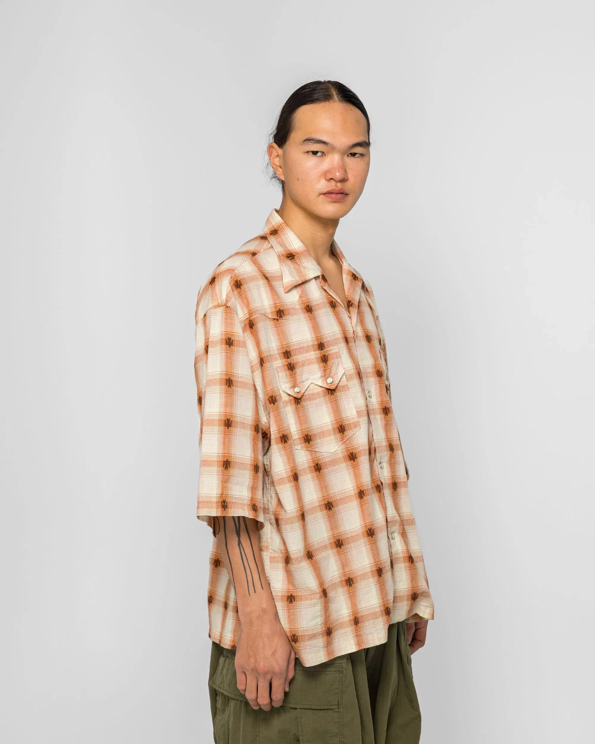 KAPITAL THUNDERBIRD Shadow-Check Camp Collar Western BIG Shirt - Orange