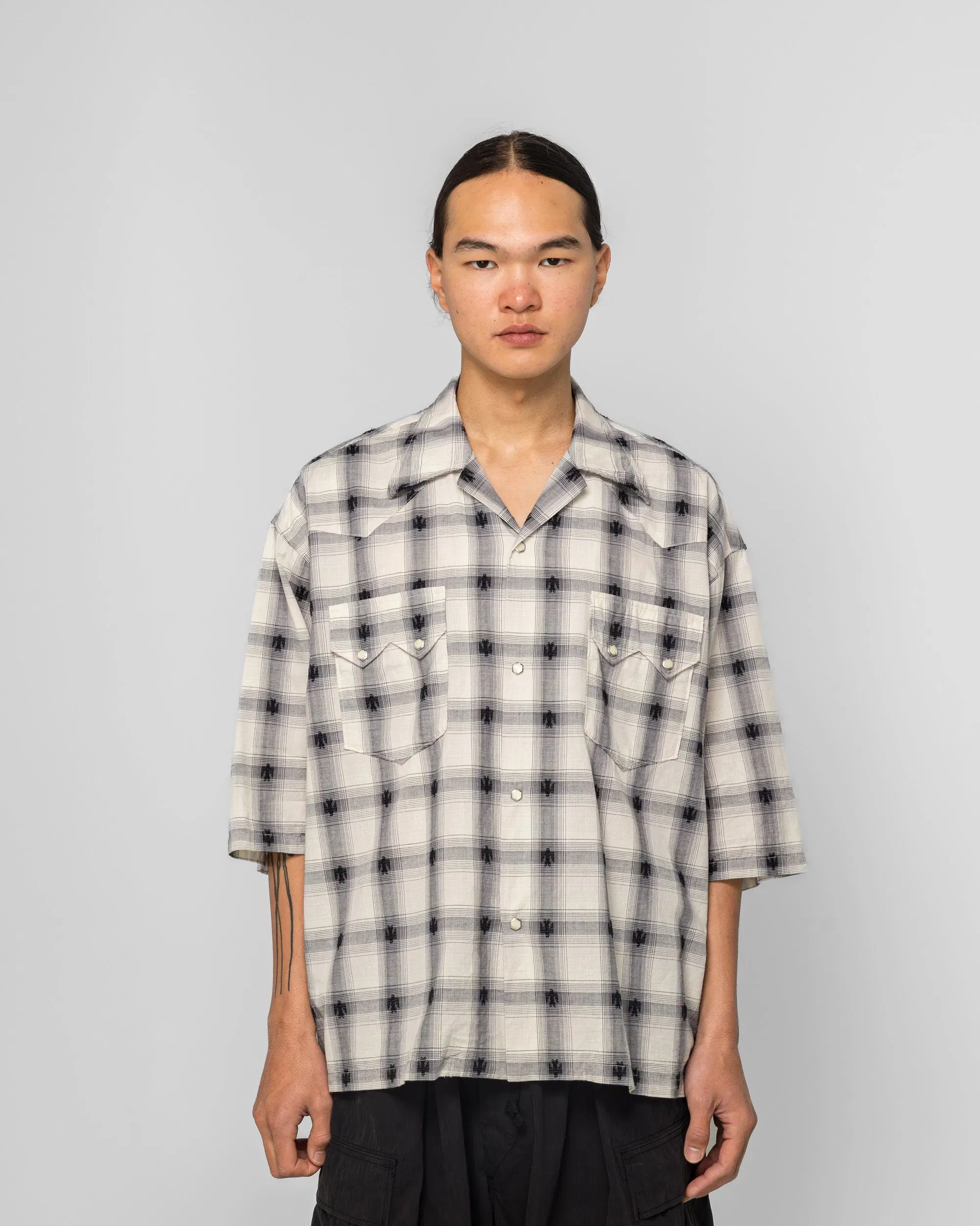 KAPITAL THUNDERBIRD Shadow-Check Camp Collar Western BIG Shirt - Black