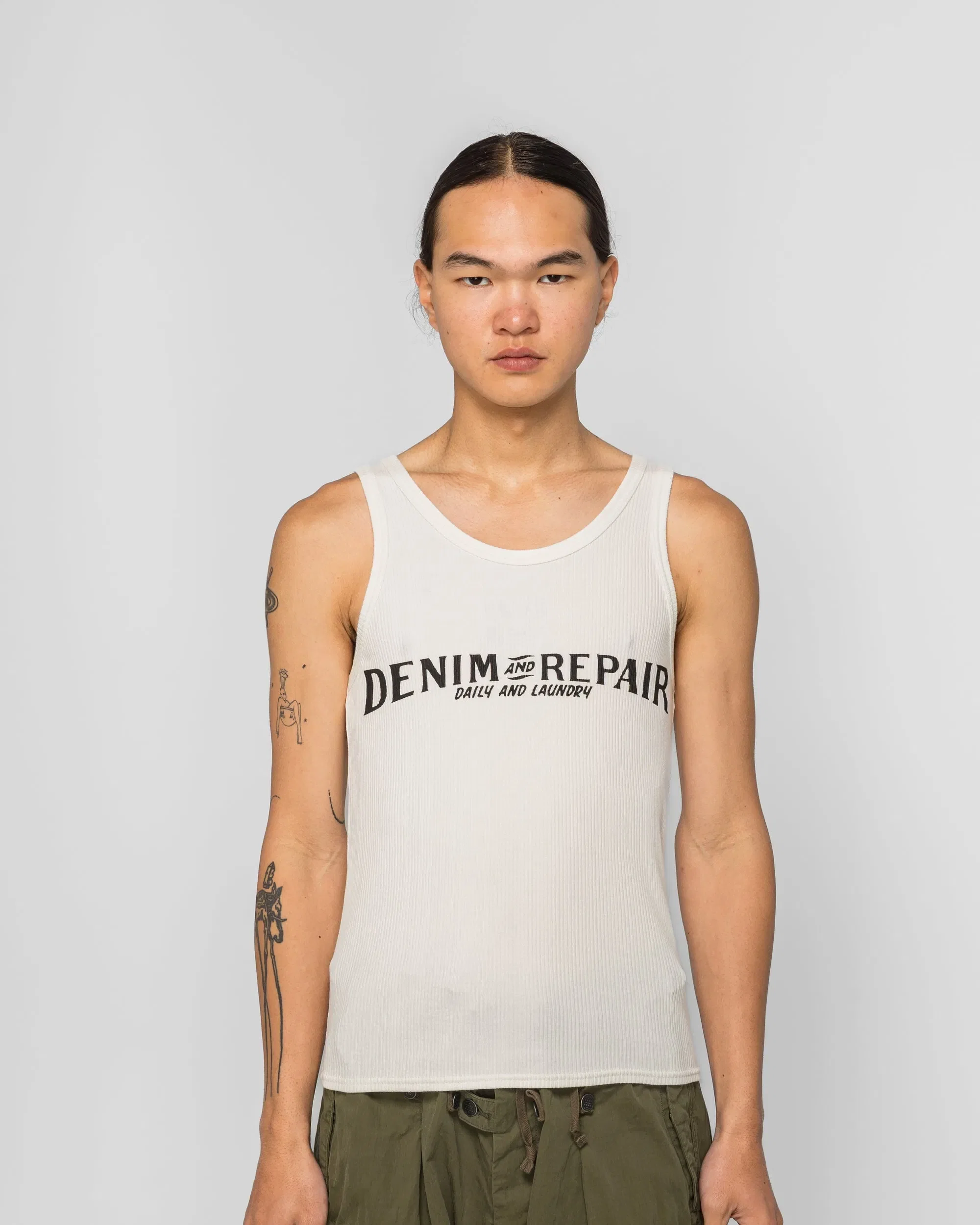 KAPITAL 60/2 Stretch Jersey Tank Top (DENIM REPAIR) - White