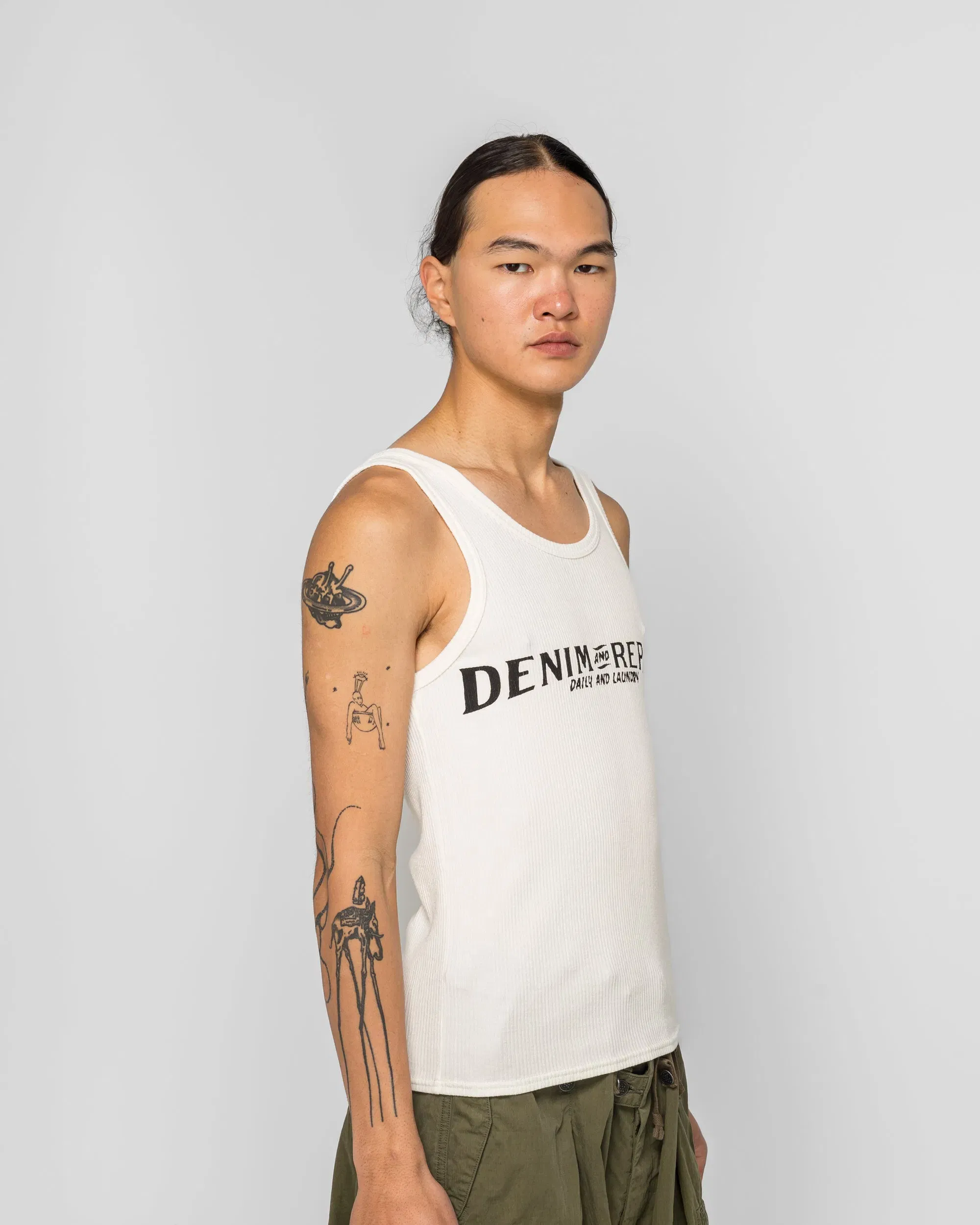 KAPITAL 60/2 Stretch Jersey Tank Top (DENIM REPAIR) - White