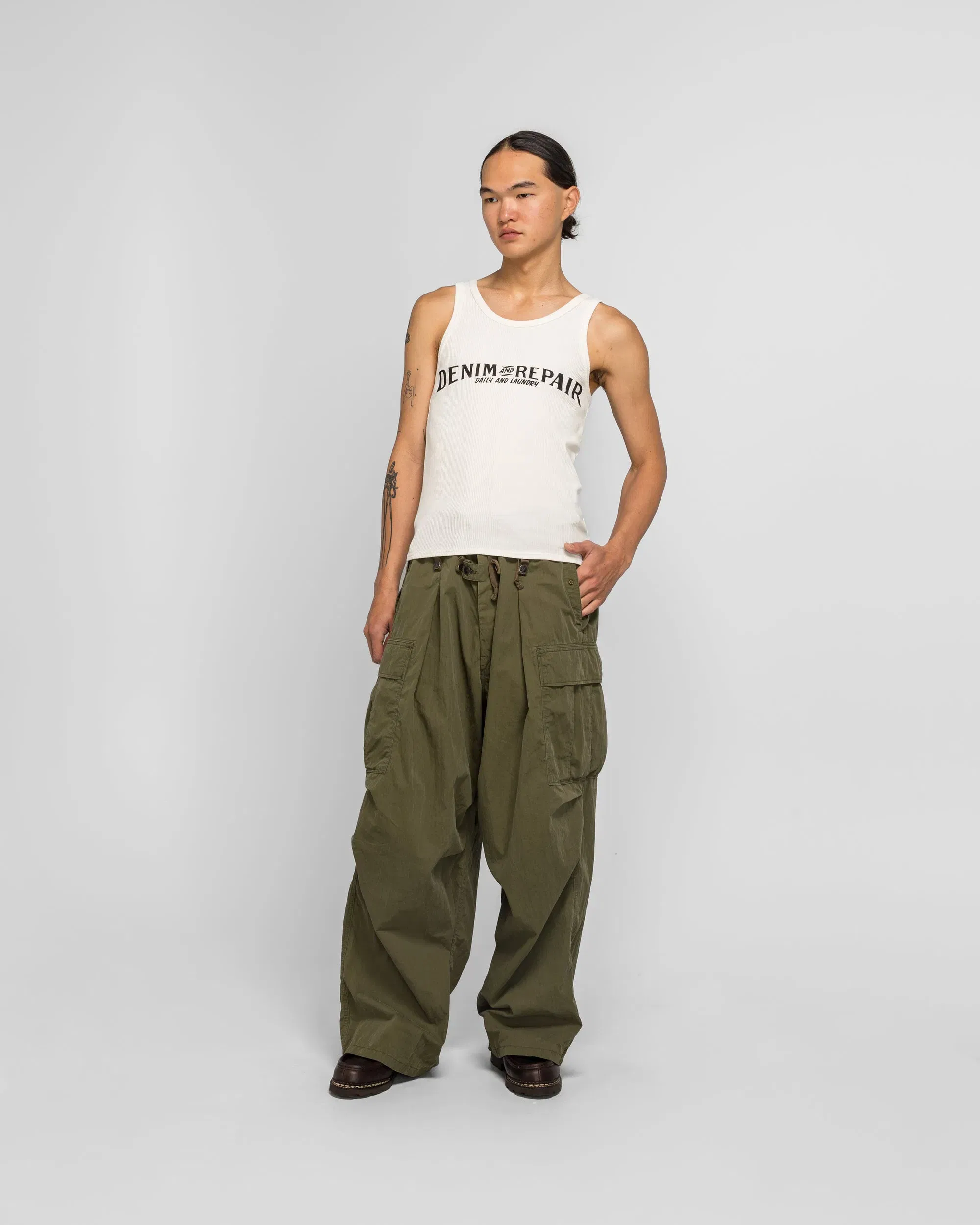 KAPITAL 60/2 Stretch Jersey Tank Top (DENIM REPAIR) - White