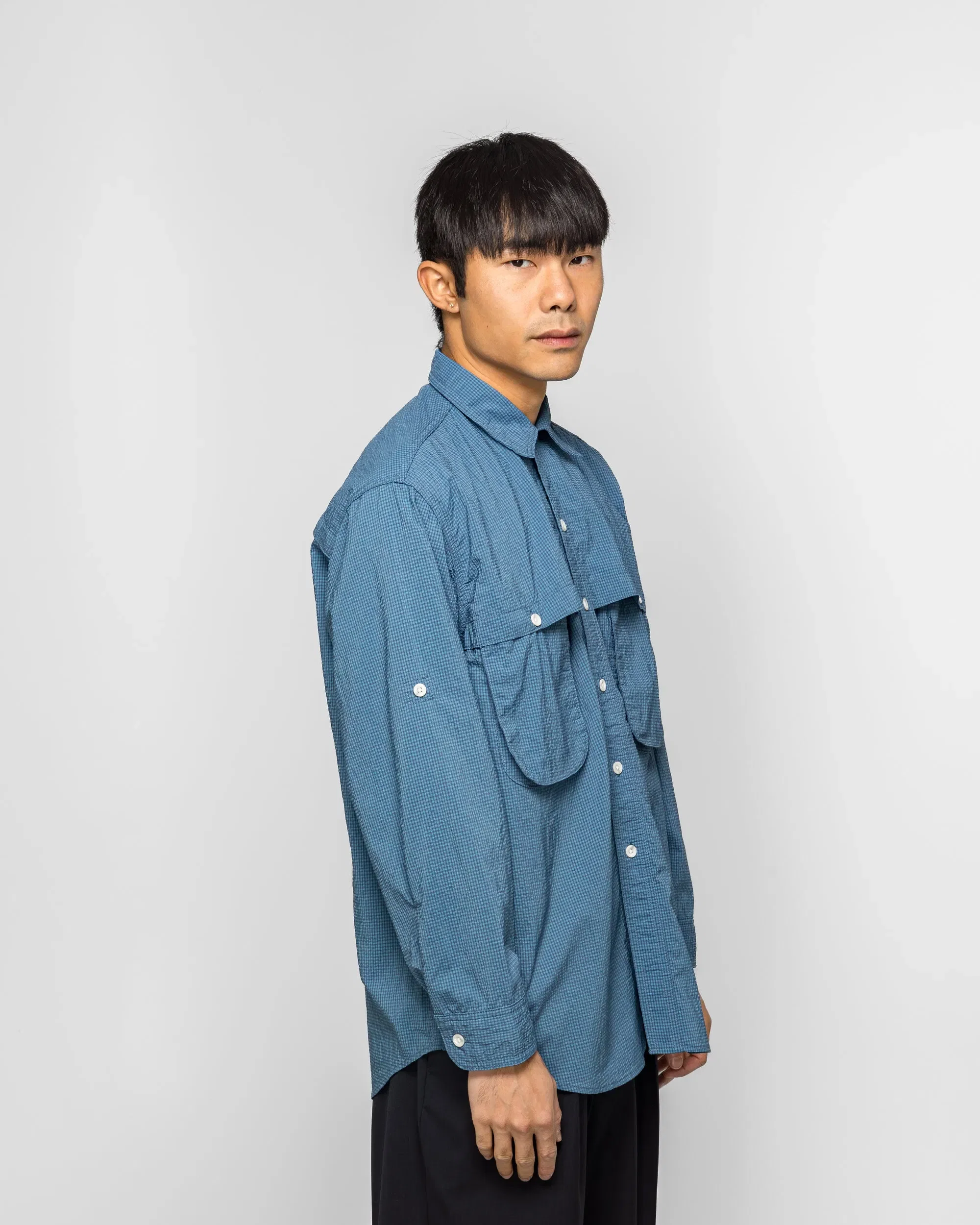 BEAMS PLUS Adventure Shirt IV Seersucker Gingham - Blue/Sax