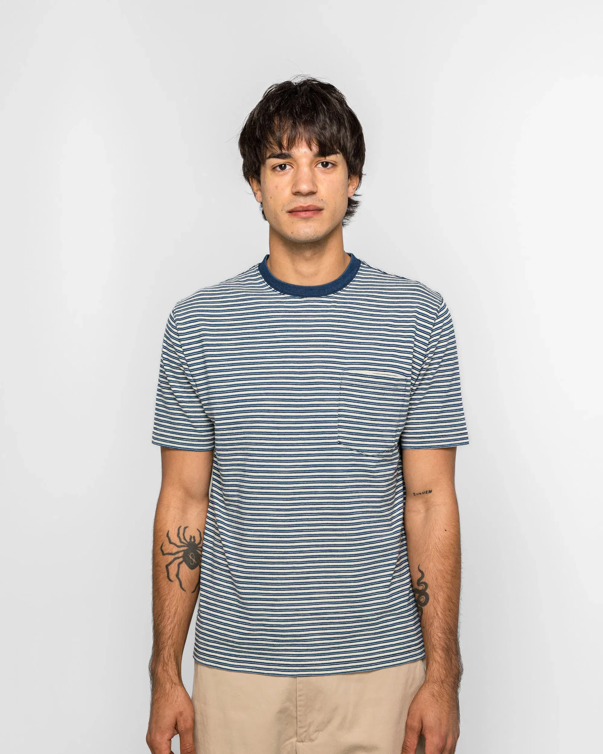 BEAMS PLUS Pocket Tee Indigo Stripe - Off White