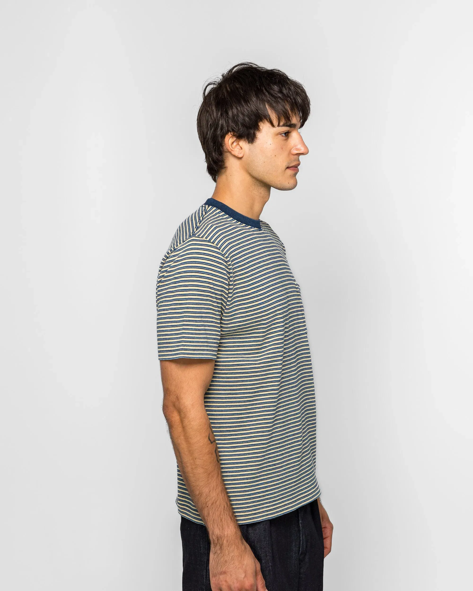 BEAMS PLUS Pocket Tee Indigo Stripe - Yellow