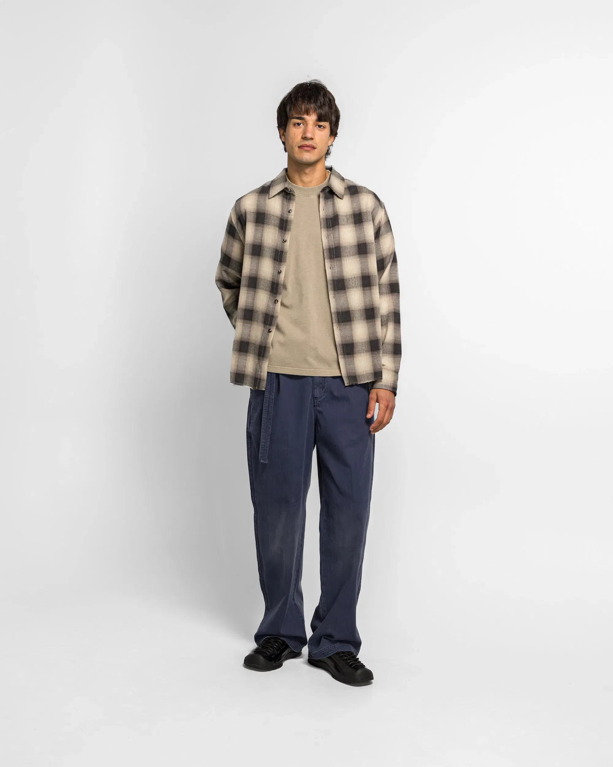 Beach Brains Hold LS Shirt - Cream/Navy Plaid