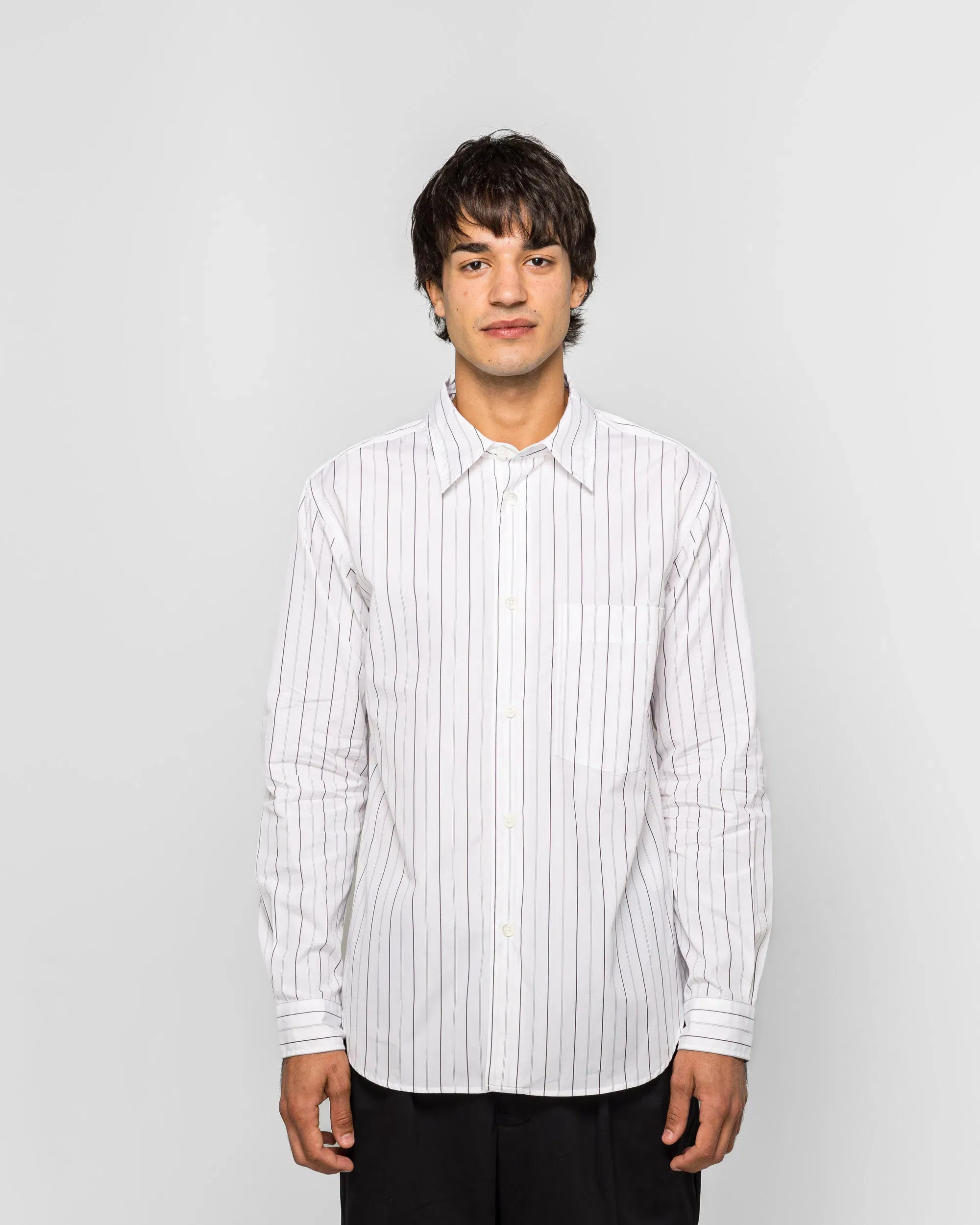 Margaret Howell Basic Shirt - Cotton White/Charcoal Wide Stripe