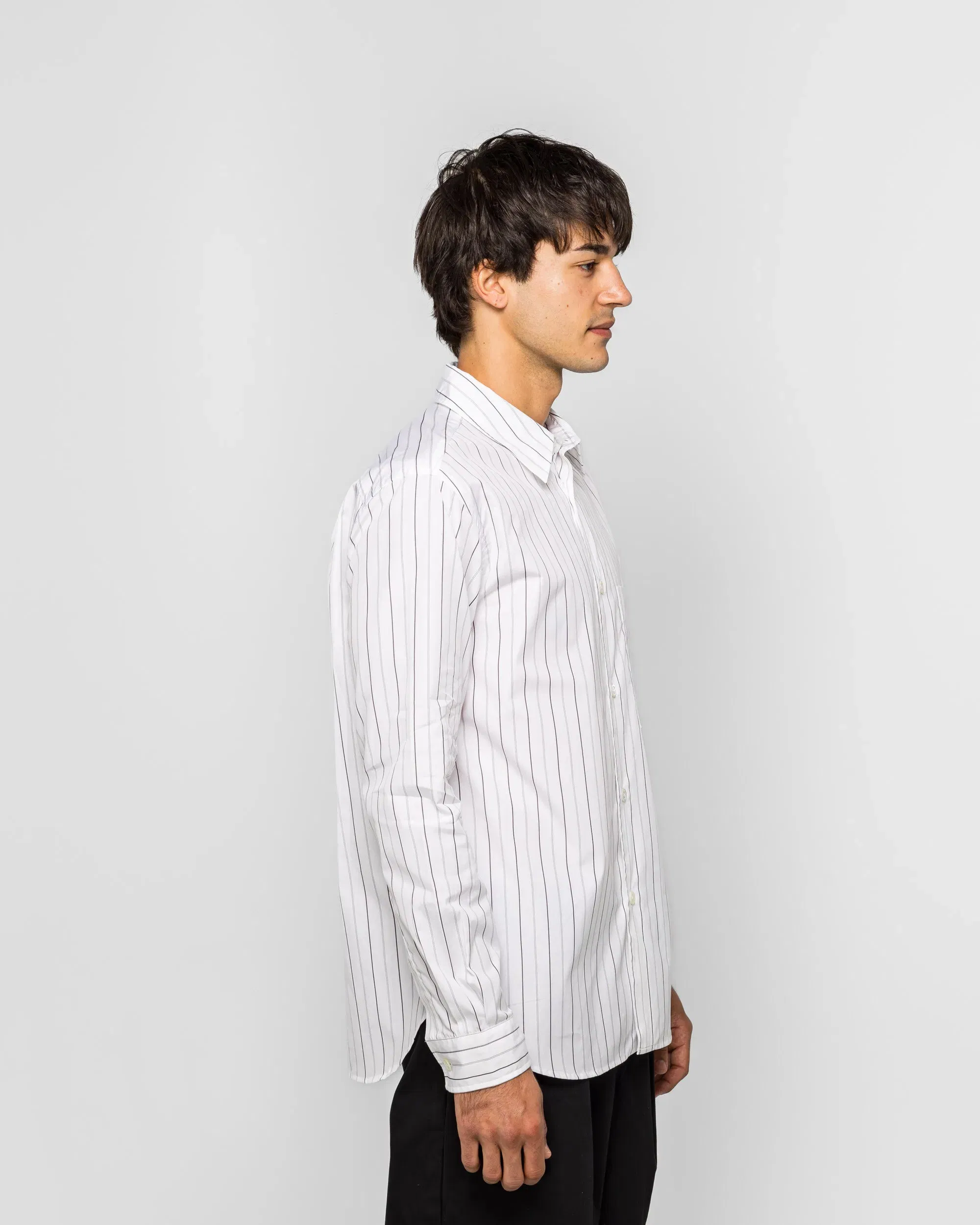 Margaret Howell Basic Shirt - Cotton White/Charcoal Wide Stripe