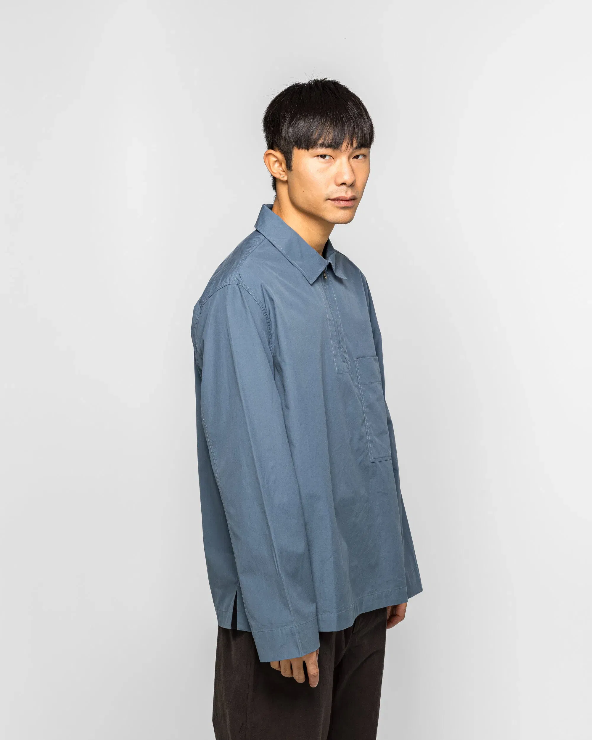 MHL. LS Half Zip Shirt - Blue Sanded Cotton Poplin Uniform