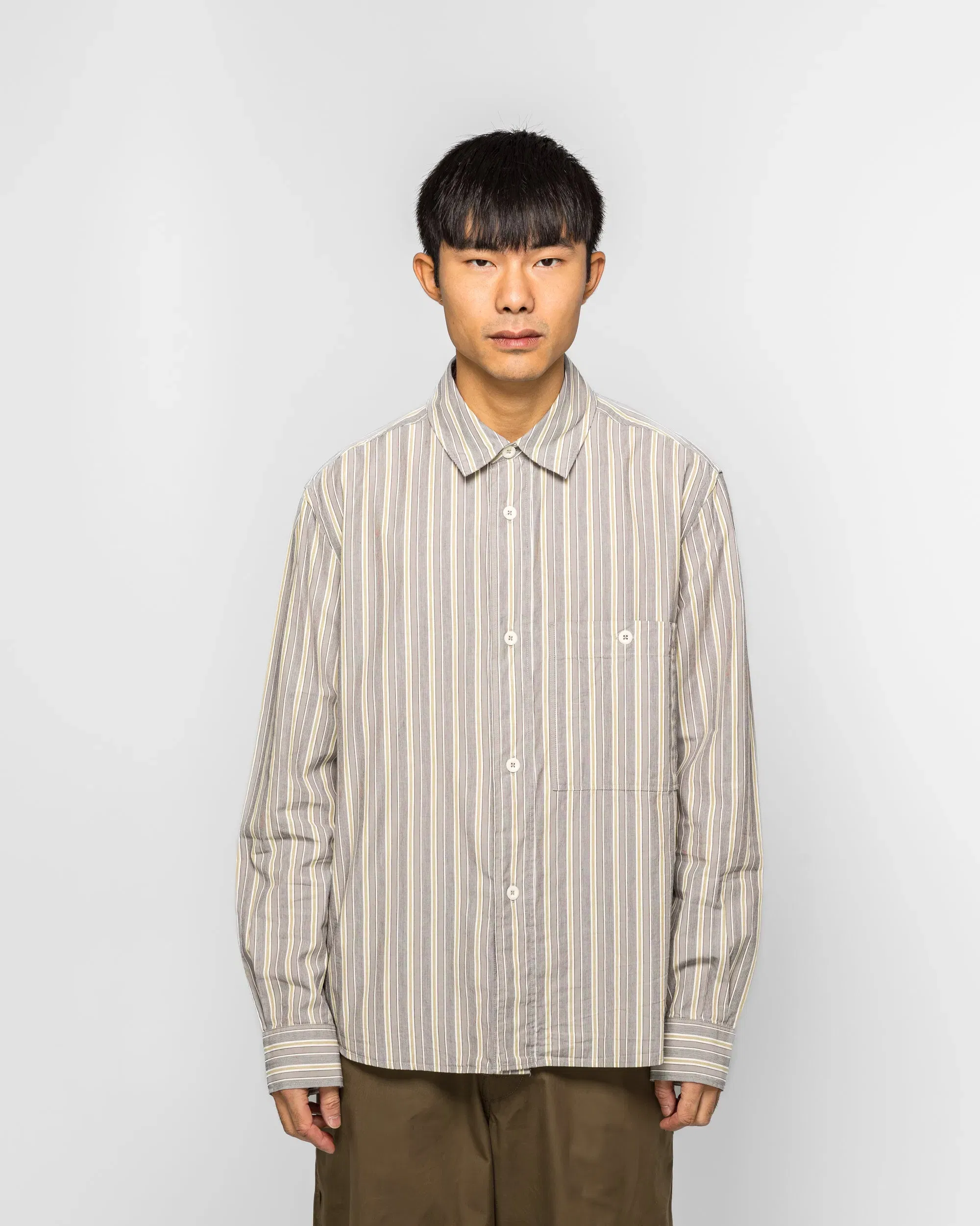MHL. Overall Shirt - Cotton Off White/Grey Pyjama Stripe