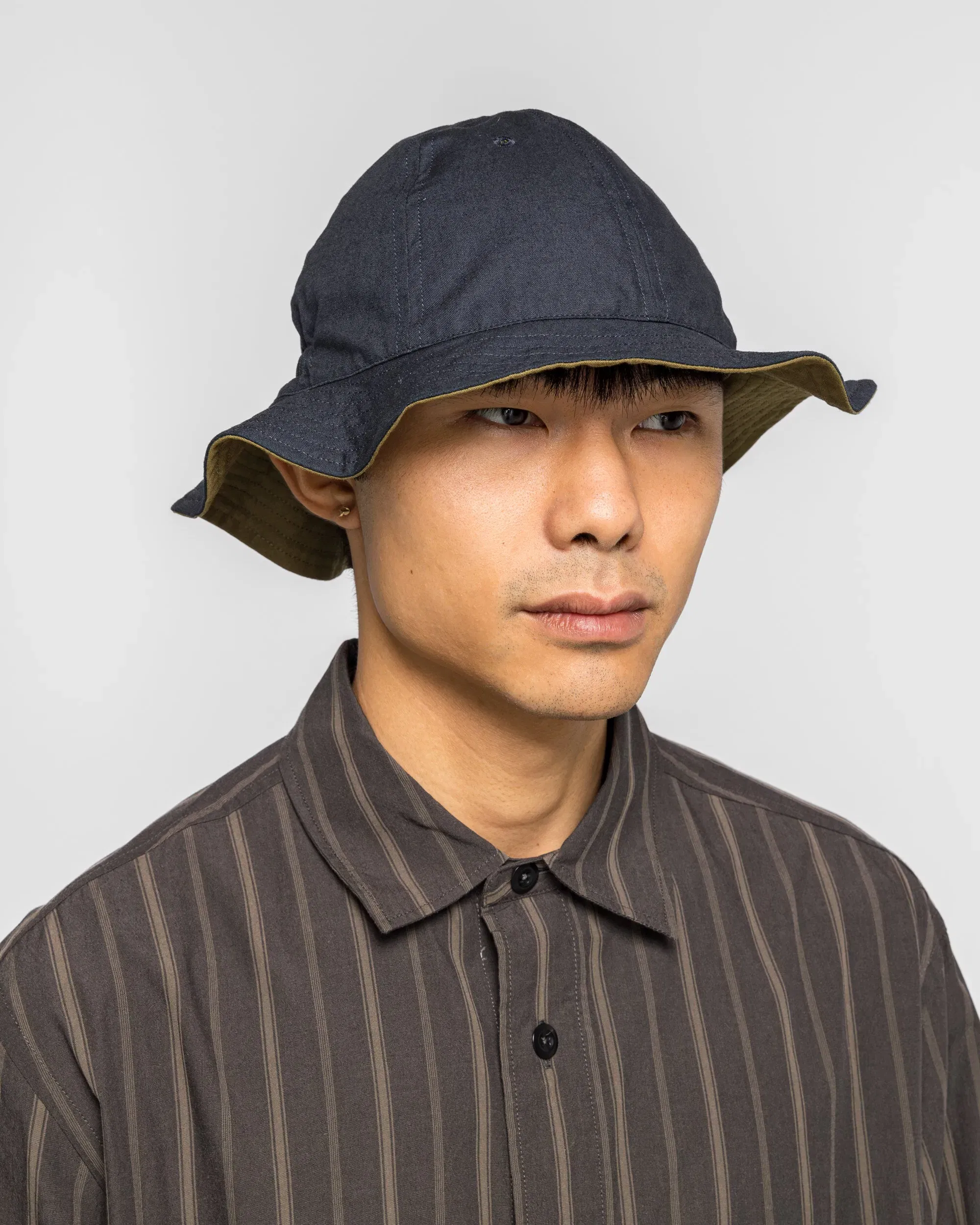 MHL. Reversible Bucket Hat - Ink/Olive Green Coarse Yarn