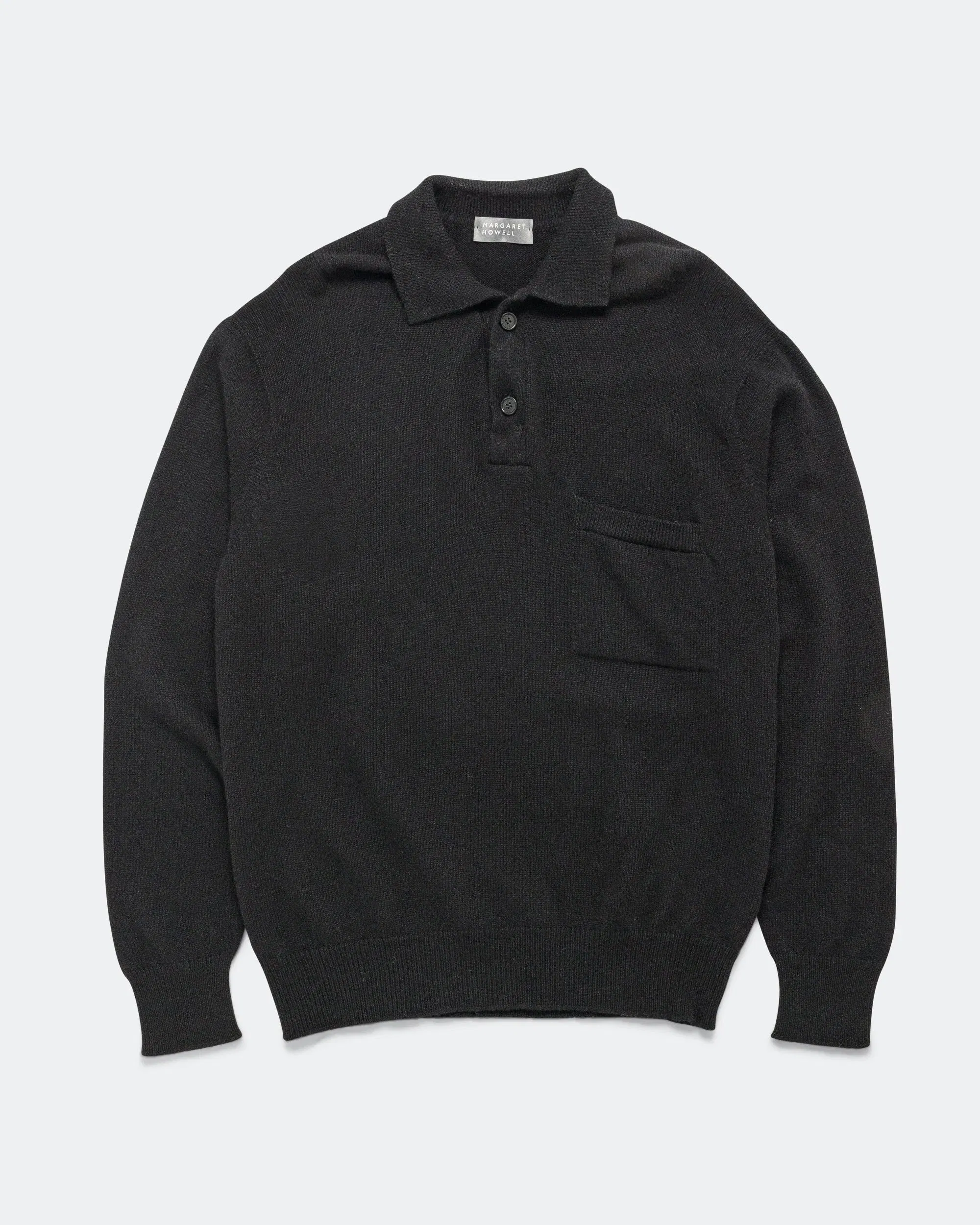 Margaret Howell Seamless Pocket Polo Shirt - Black Merino Cashmere