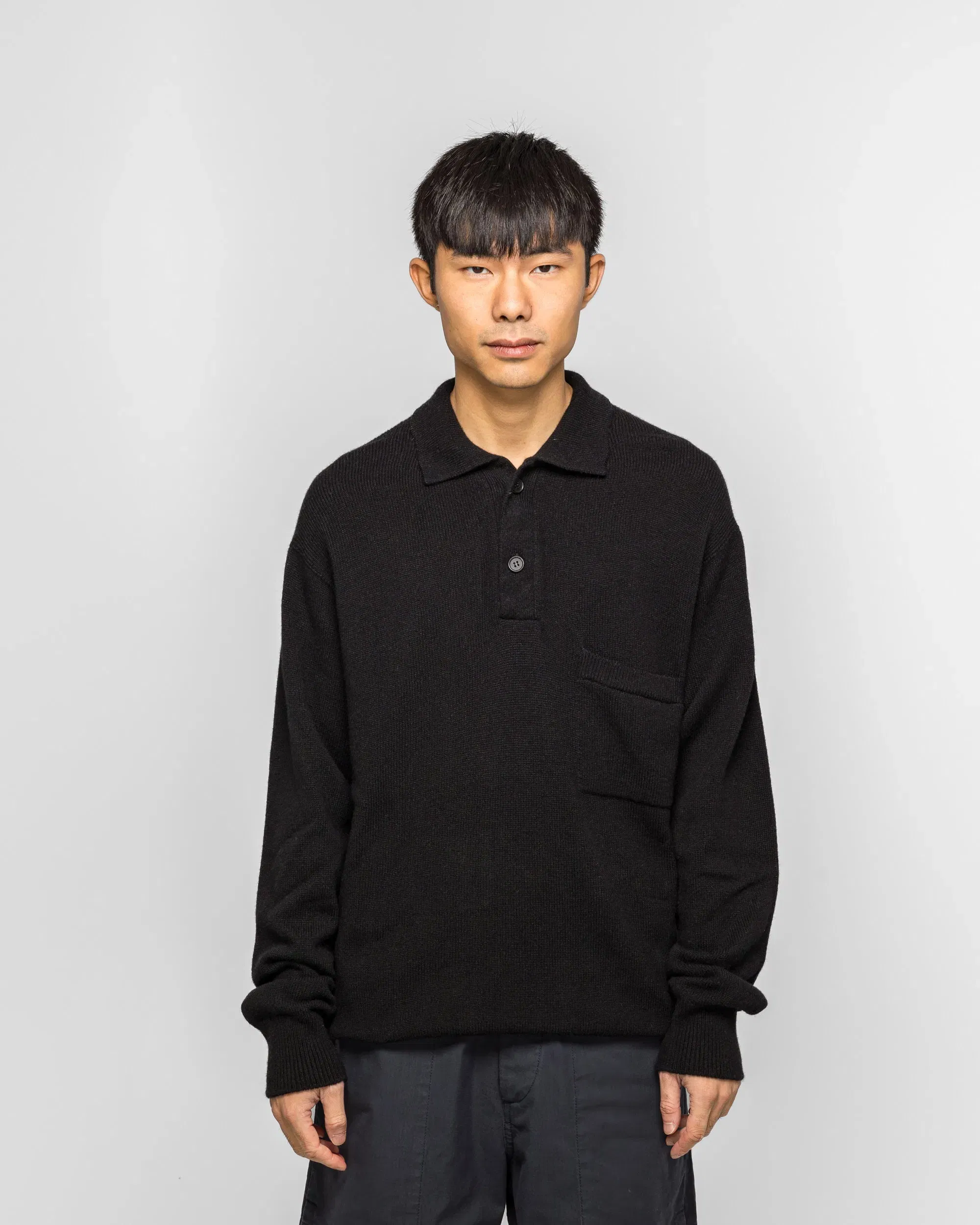 Margaret Howell Seamless Pocket Polo Shirt - Black Merino Cashmere