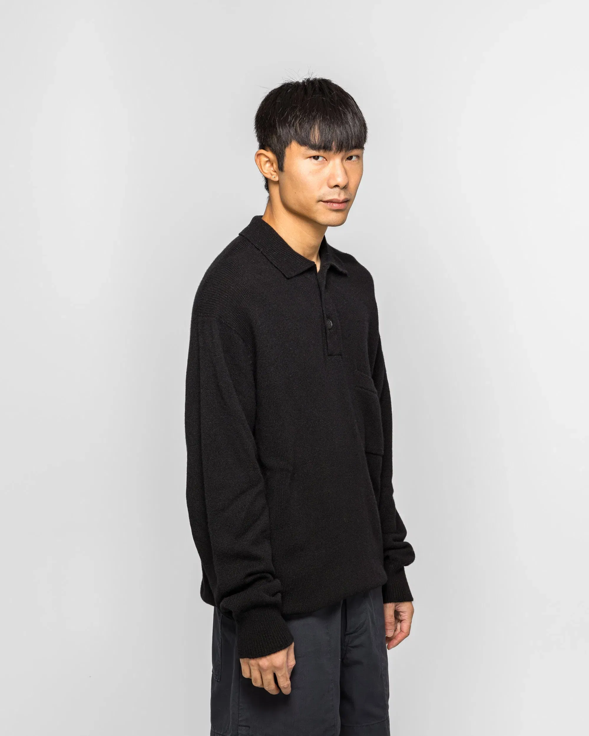 Margaret Howell Seamless Pocket Polo Shirt - Black Merino Cashmere