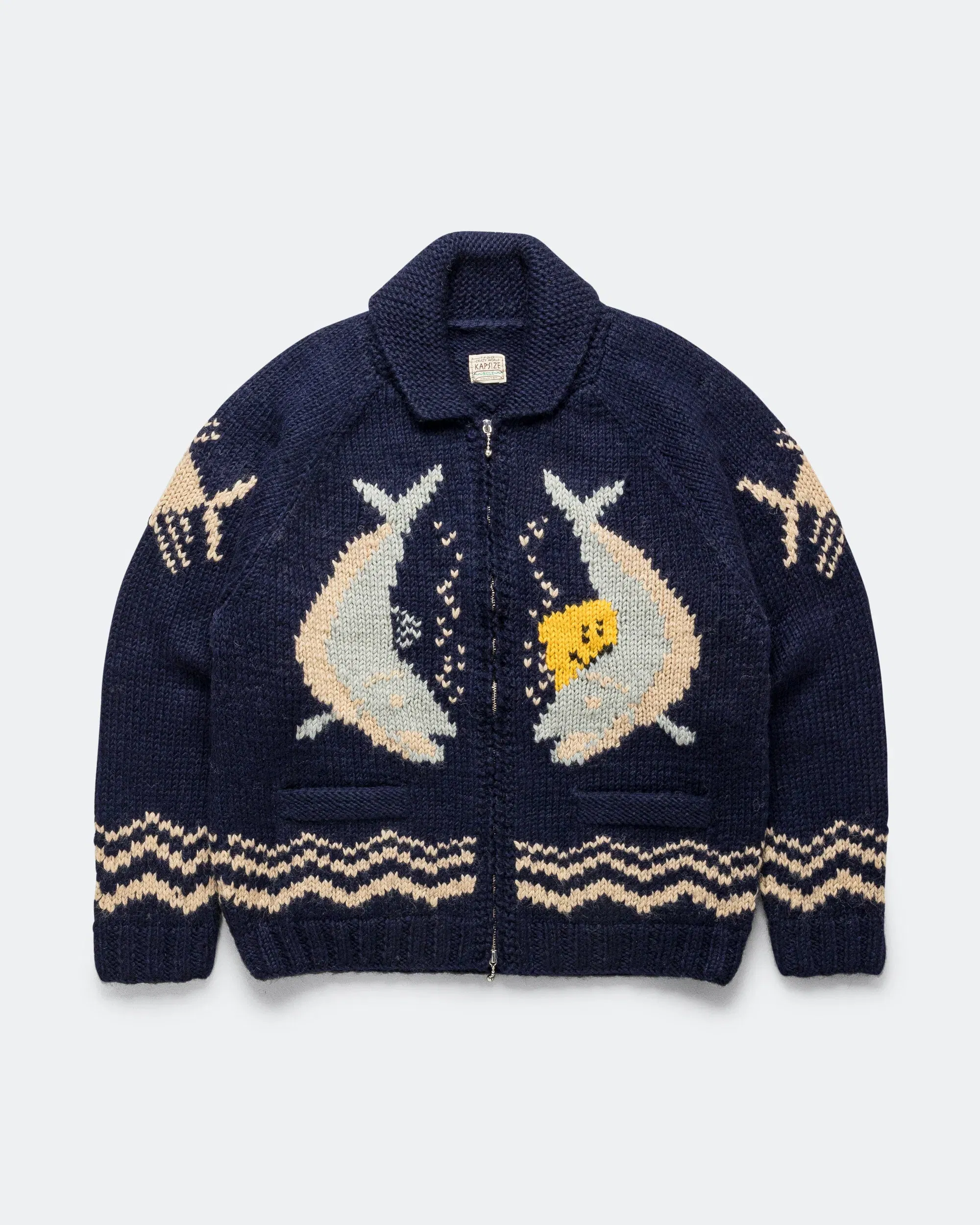 KAPITAL Hand Knit PECKISH TROUT ZIP Cardigan - Navy
