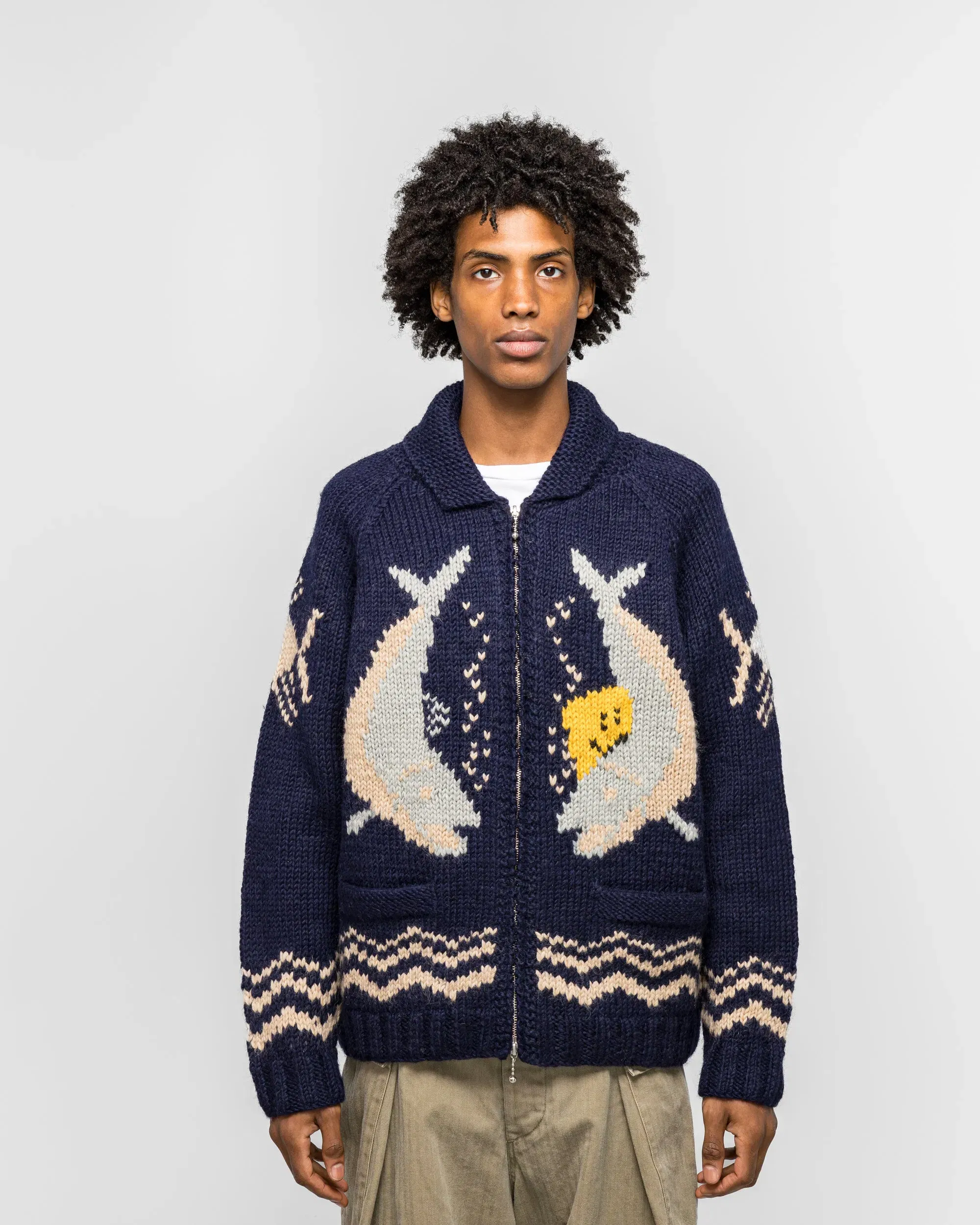 KAPITAL Hand Knit PECKISH TROUT ZIP Cardigan - Navy