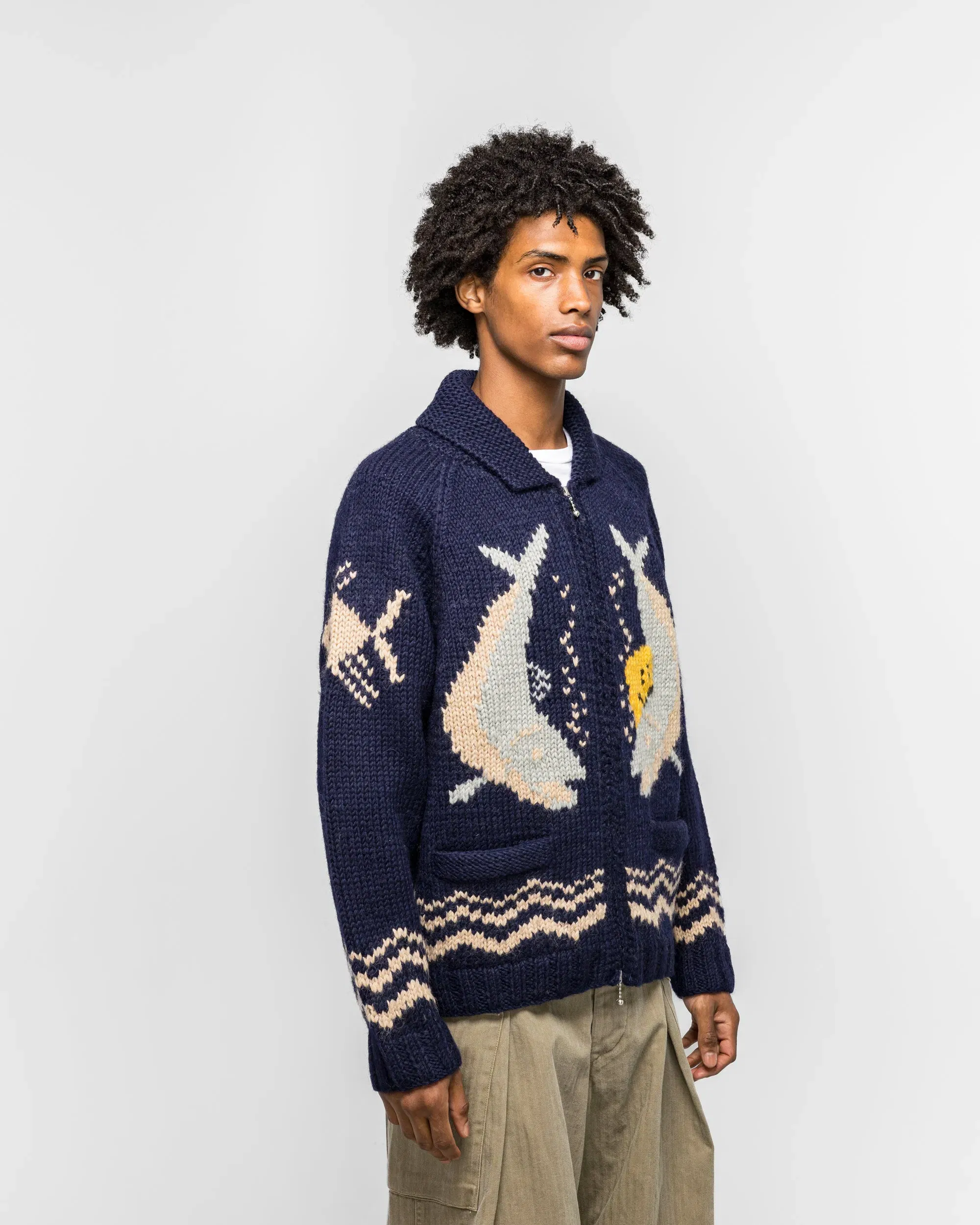KAPITAL Hand Knit PECKISH TROUT ZIP Cardigan - Navy