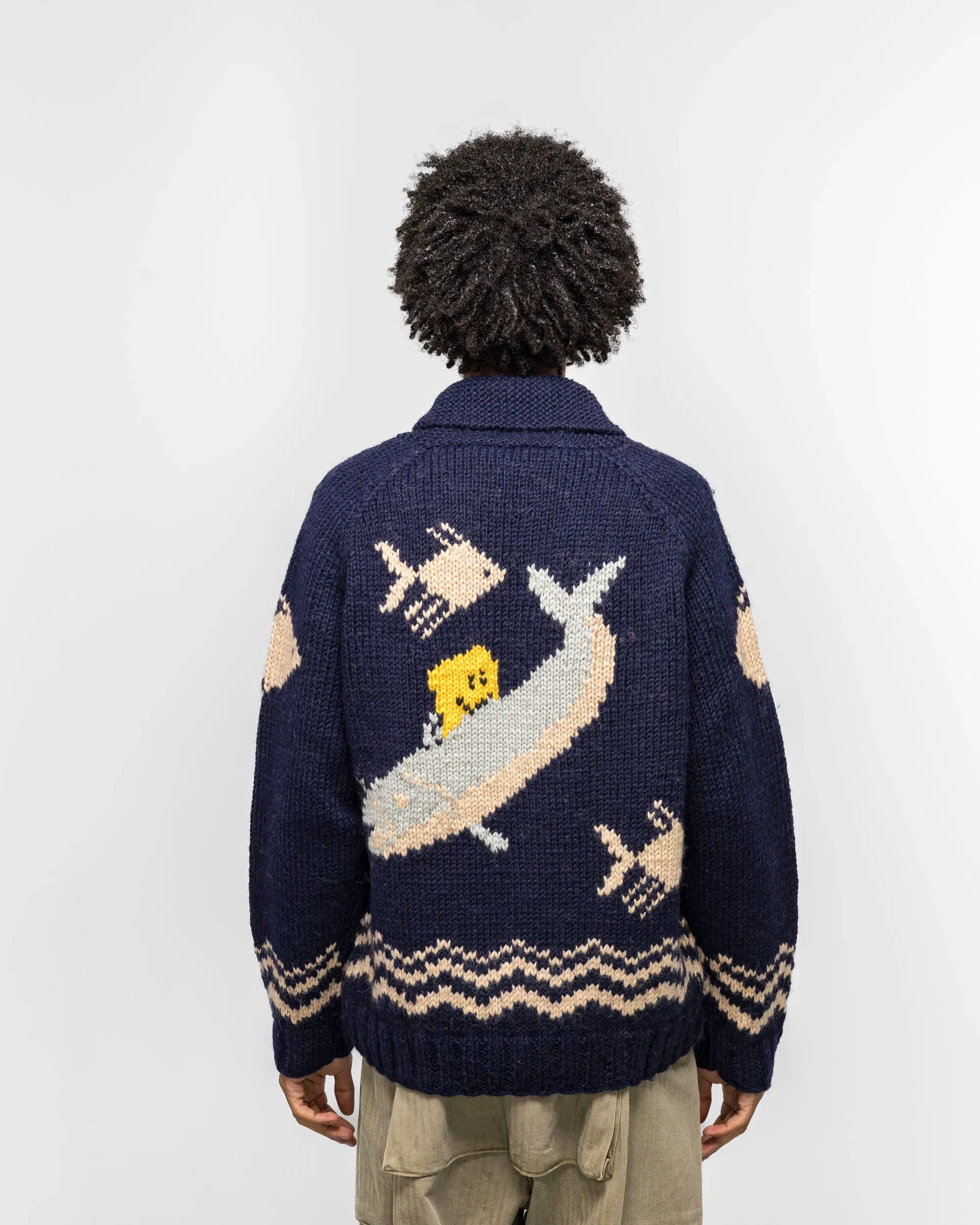 KAPITAL Hand Knit PECKISH TROUT ZIP Cardigan - Navy