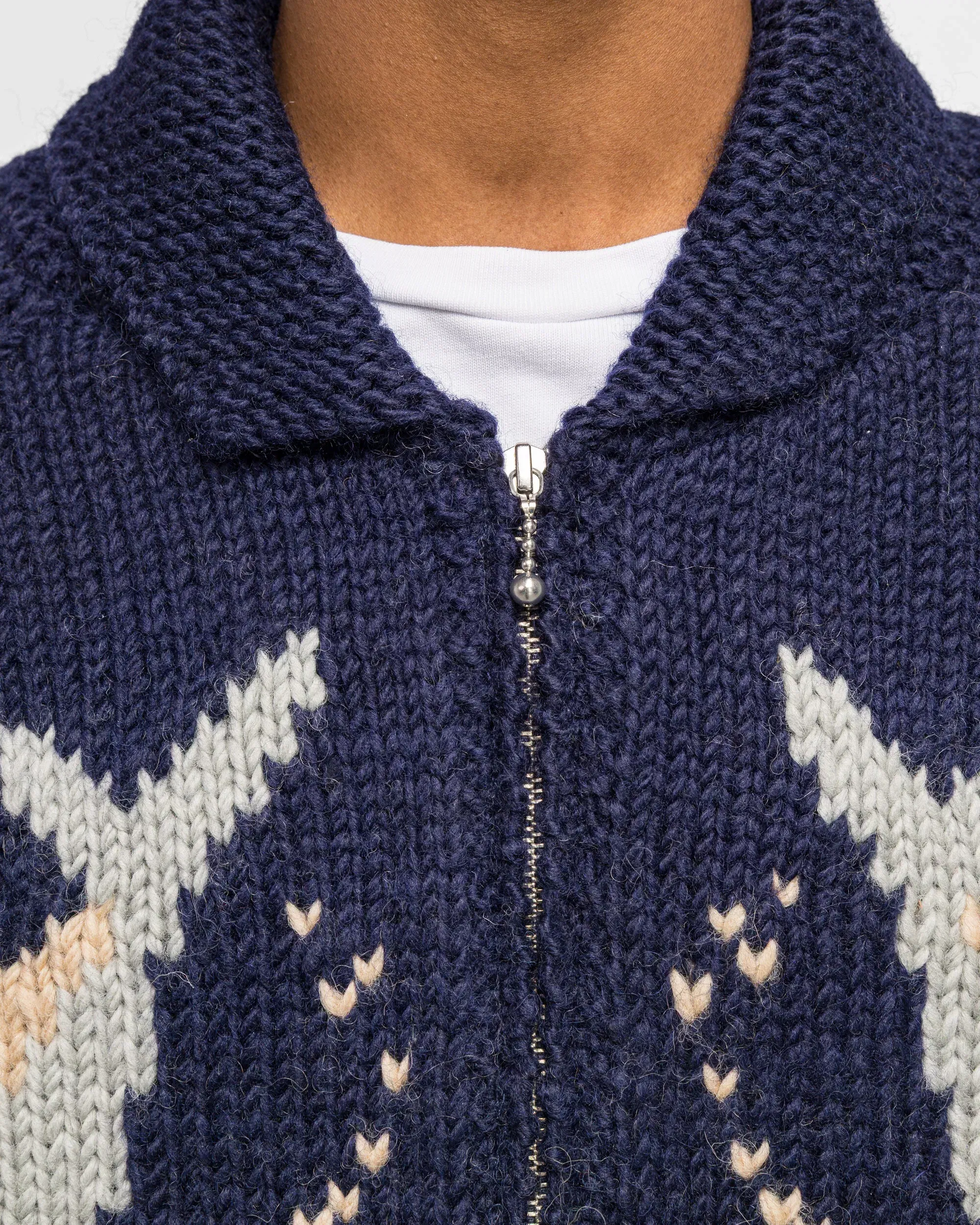 KAPITAL Hand Knit PECKISH TROUT ZIP Cardigan - Navy