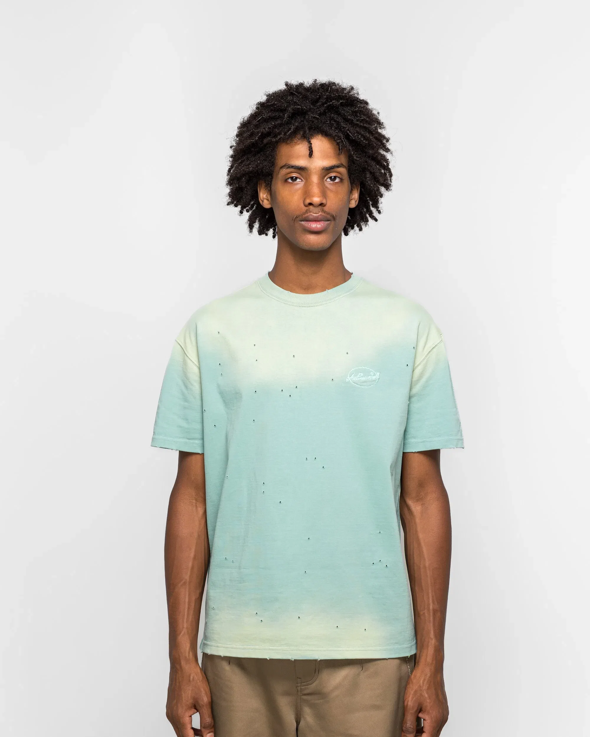 Andersson Bell Gradient Damage Washed T-Shirt - Green/Sky Blue