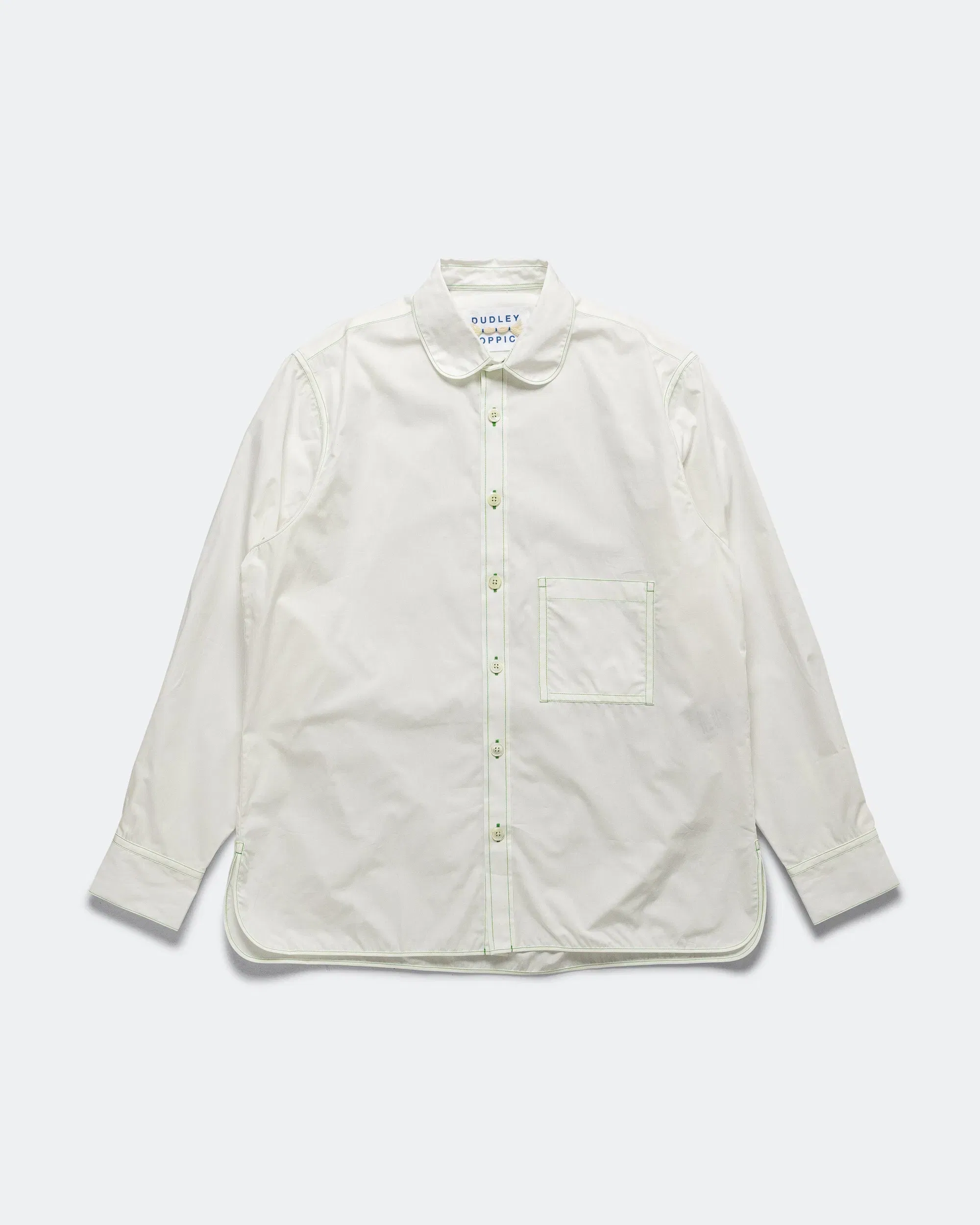 Dudley Coppice The Gardeners Shirt - Hydrangea White Poplin Green Stitching